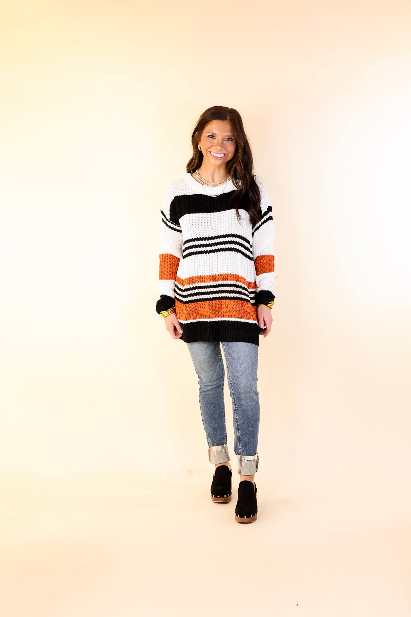 Harvest Honey Striped Cable Knit Sweater in Orange Mix