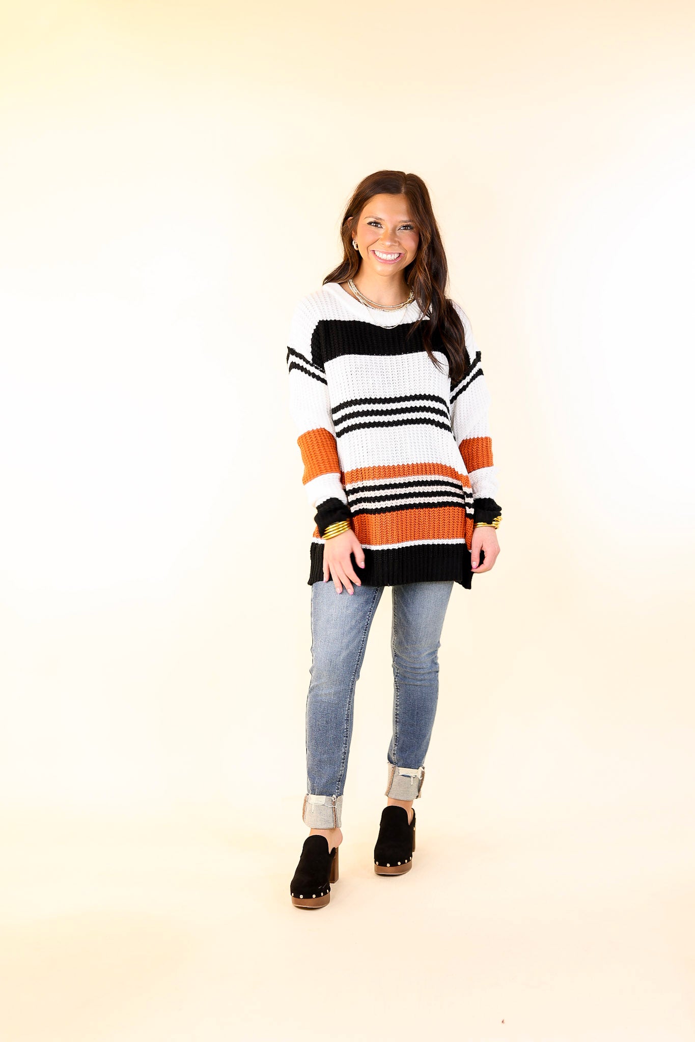 Harvest Honey Striped Cable Knit Sweater in Orange Mix