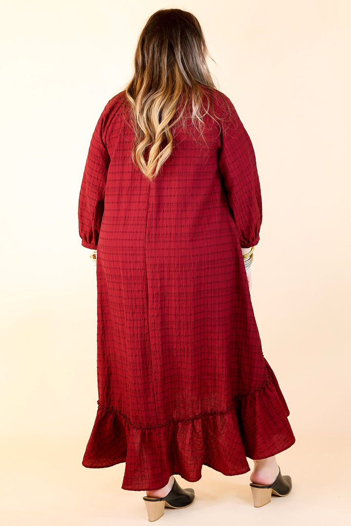 Easy to Please Button Up Ruffle Hem Midi Dress in Maroon Plaid