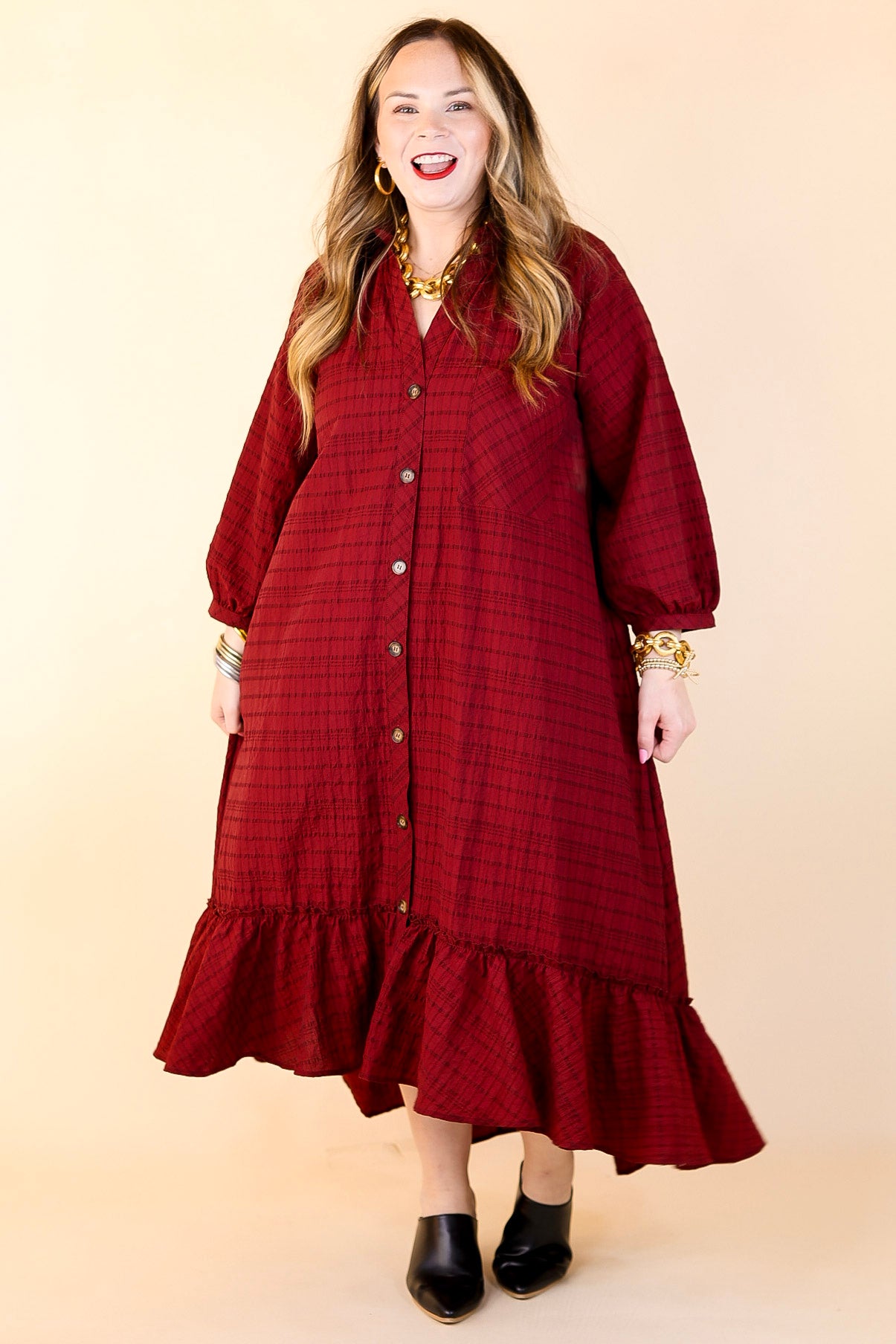 Easy to Please Button Up Ruffle Hem Midi Dress in Maroon Plaid