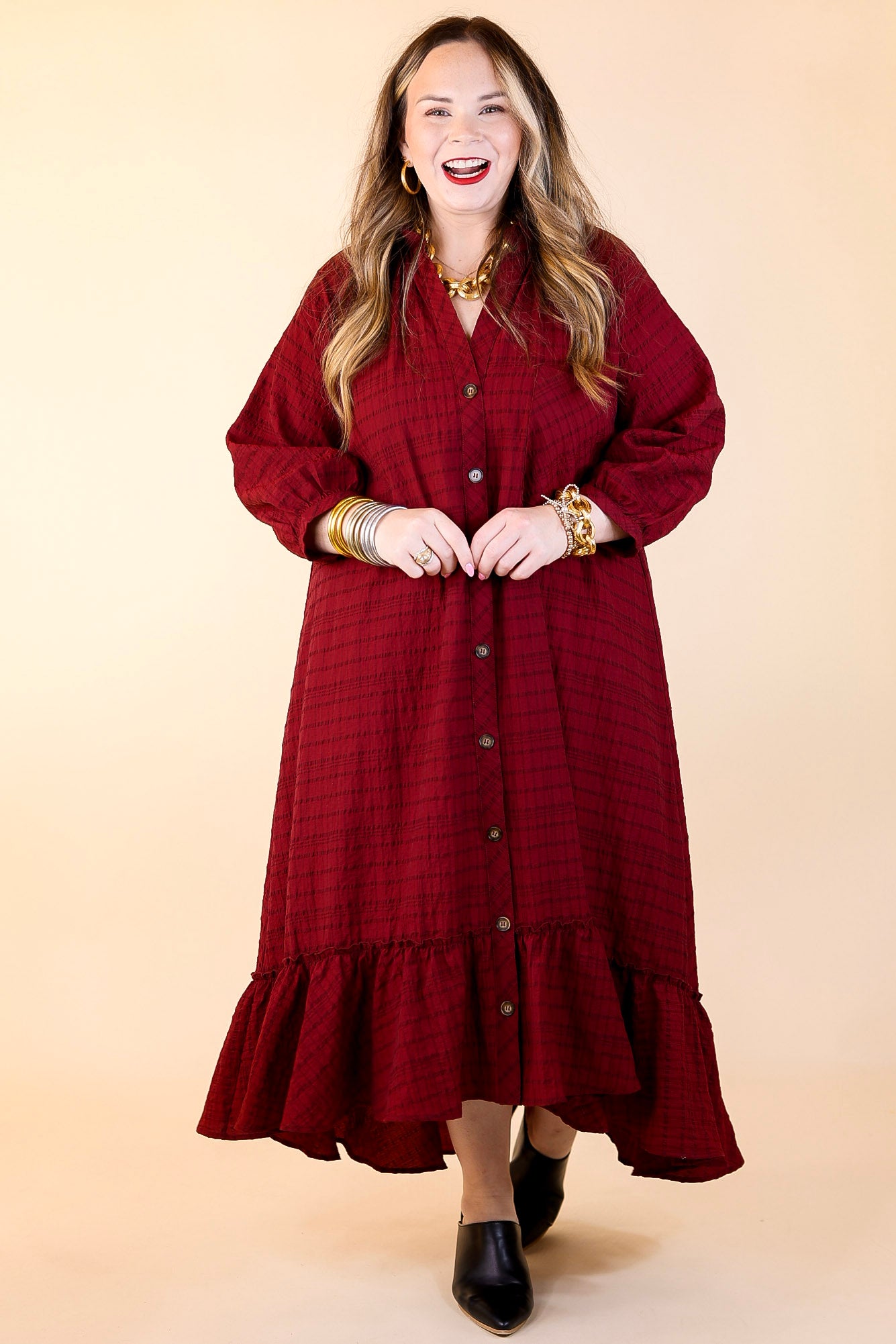 Easy to Please Button Up Ruffle Hem Midi Dress in Maroon Plaid