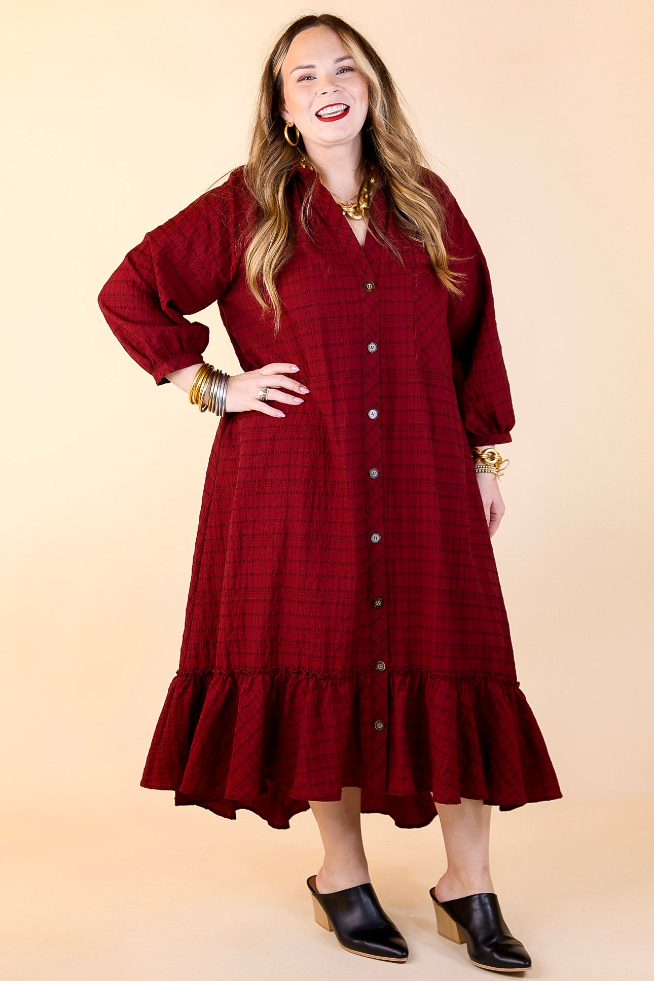 Easy to Please Button Up Ruffle Hem Midi Dress in Maroon Plaid