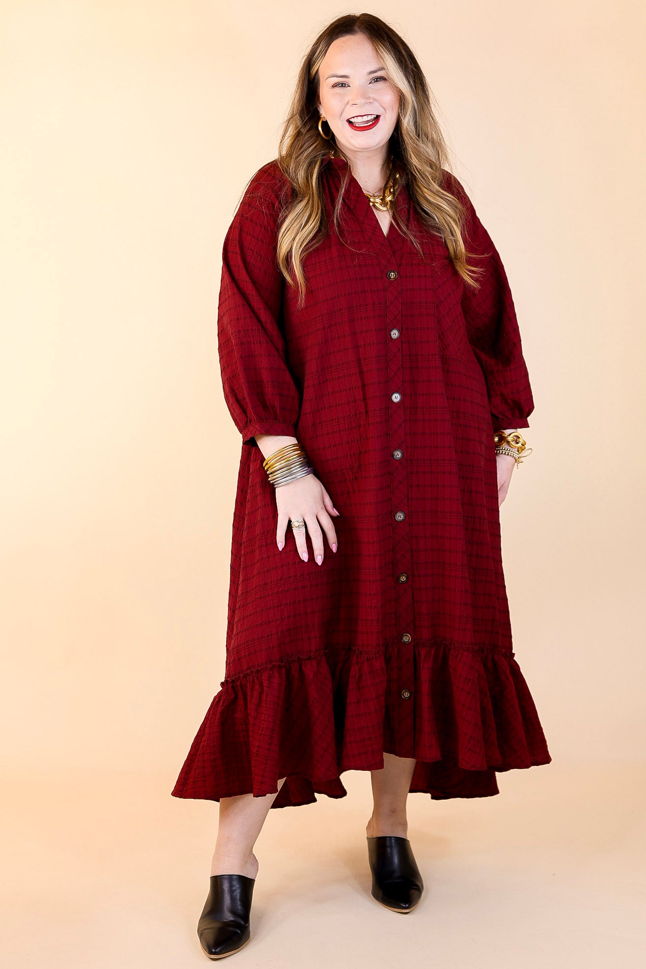 Easy to Please Button Up Ruffle Hem Midi Dress in Maroon Plaid