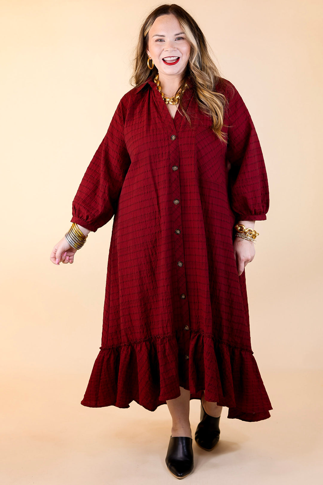 Easy to Please Button Up Ruffle Hem Midi Dress in Maroon Plaid