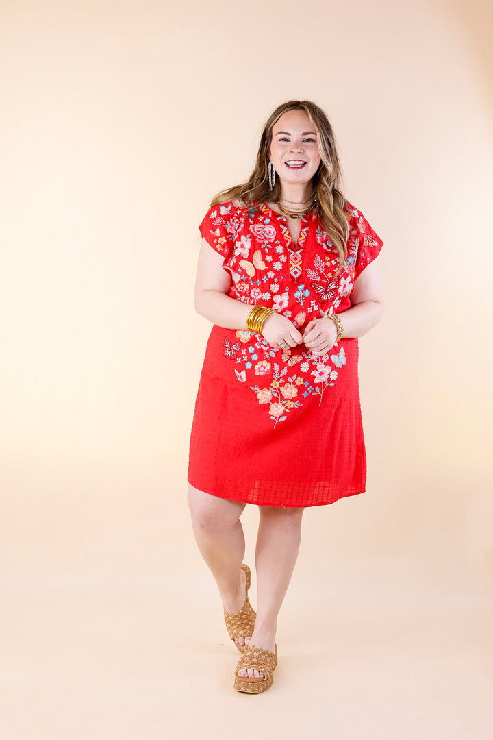 Lovely Feeling Floral Embroidered Dress with a Notched Neckline in Red - Giddy Up Glamour Boutique