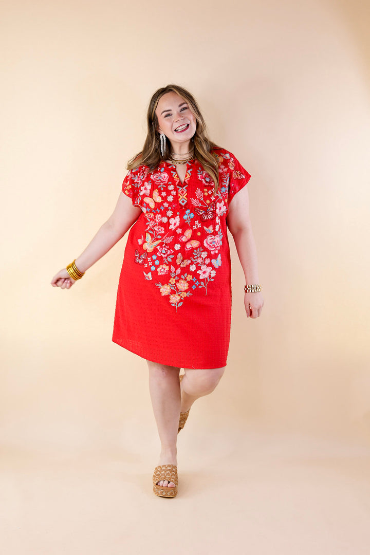 Lovely Feeling Floral Embroidered Dress with a Notched Neckline in Red - Giddy Up Glamour Boutique