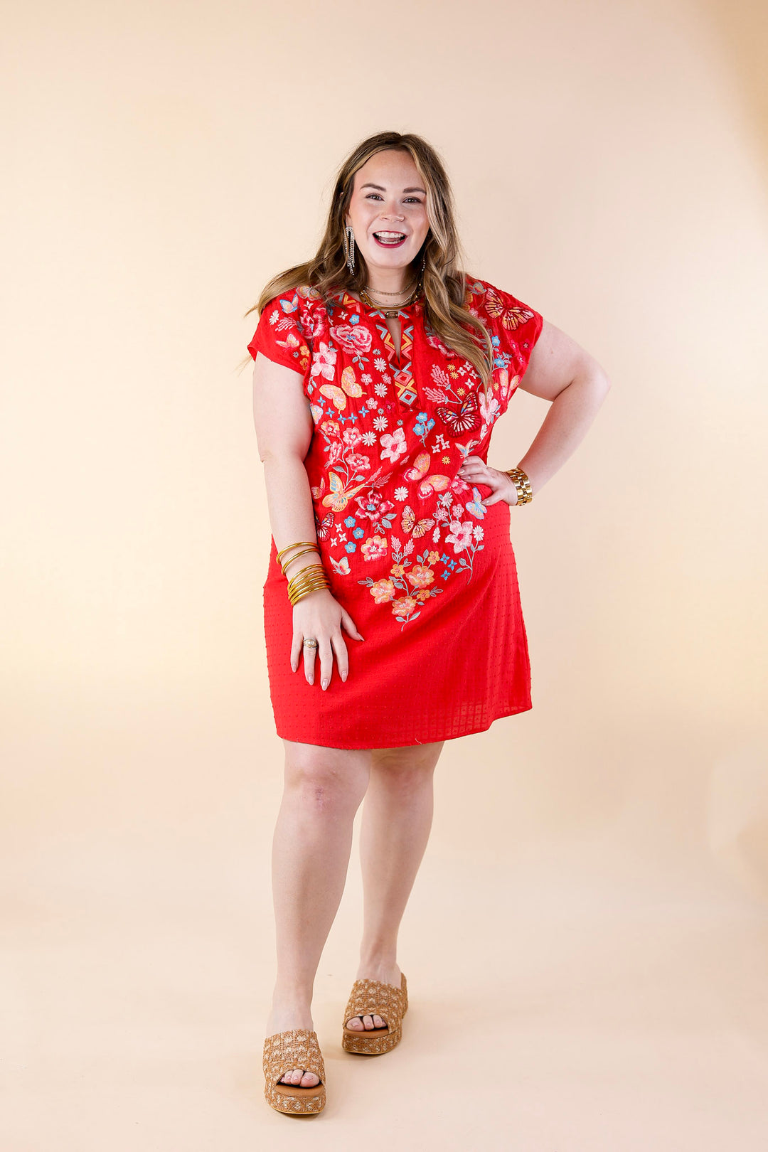 Lovely Feeling Floral Embroidered Dress with a Notched Neckline in Red