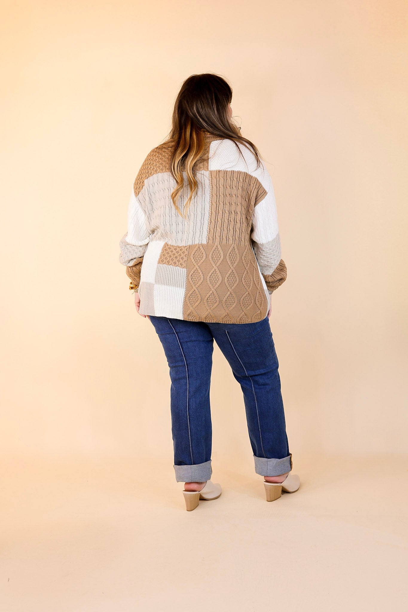 Frozen Lake Mix Knit Color Block Sweater in Ivory, Tan, and Grey