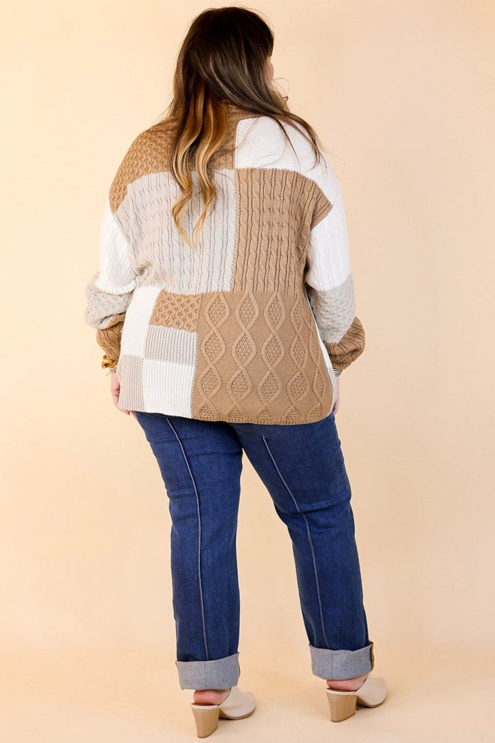 Frozen Lake Mix Knit Color Block Sweater in Ivory, Tan, and Grey