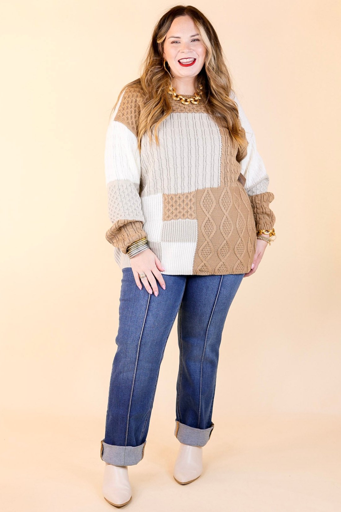 Frozen Lake Mix Knit Color Block Sweater in Ivory, Tan, and Grey