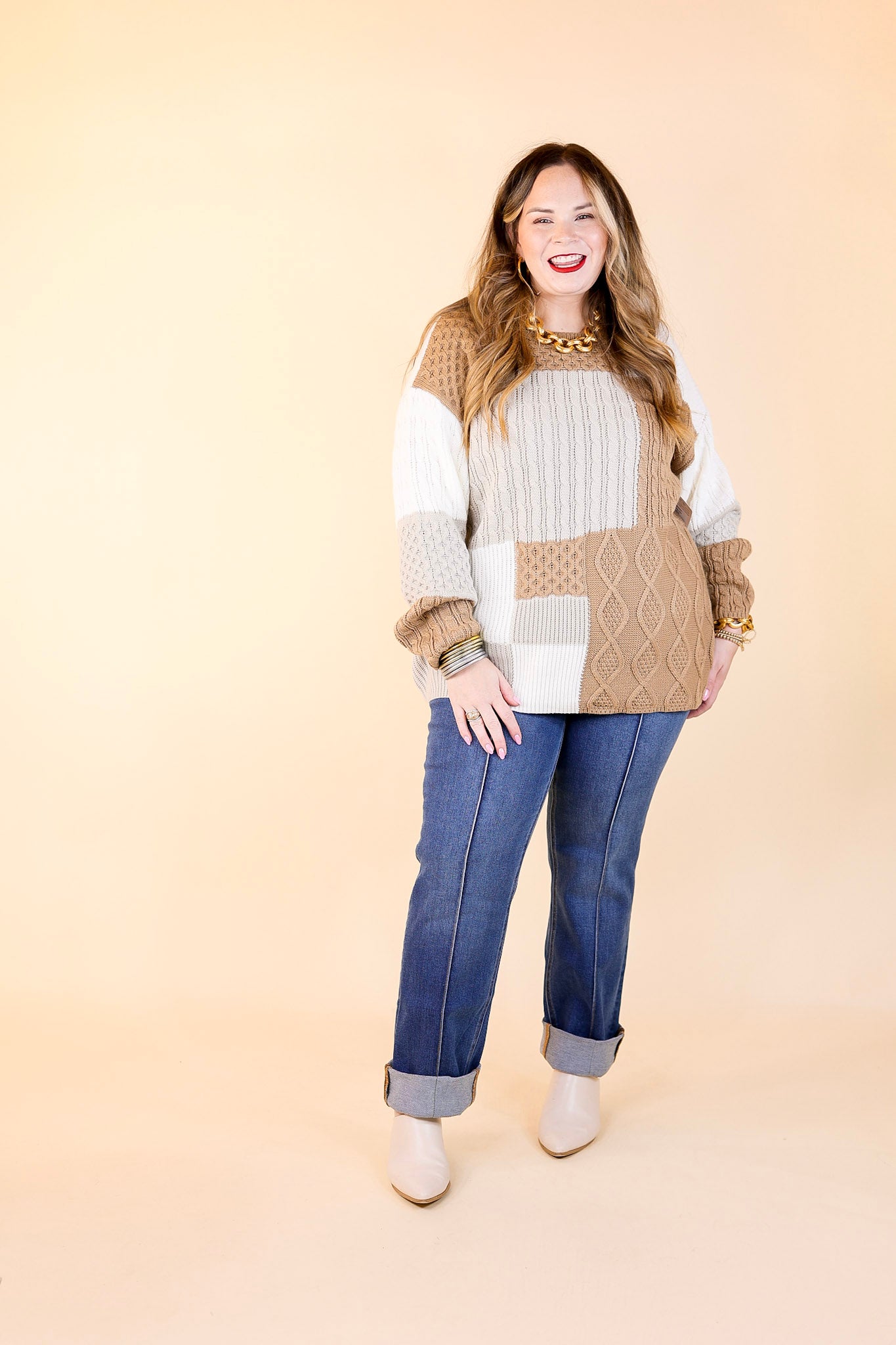 Frozen Lake Mix Knit Color Block Sweater in Ivory, Tan, and Grey