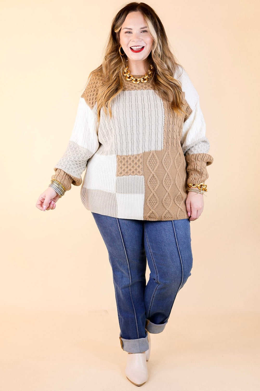 Frozen Lake Mix Knit Color Block Sweater in Ivory, Tan, and Grey
