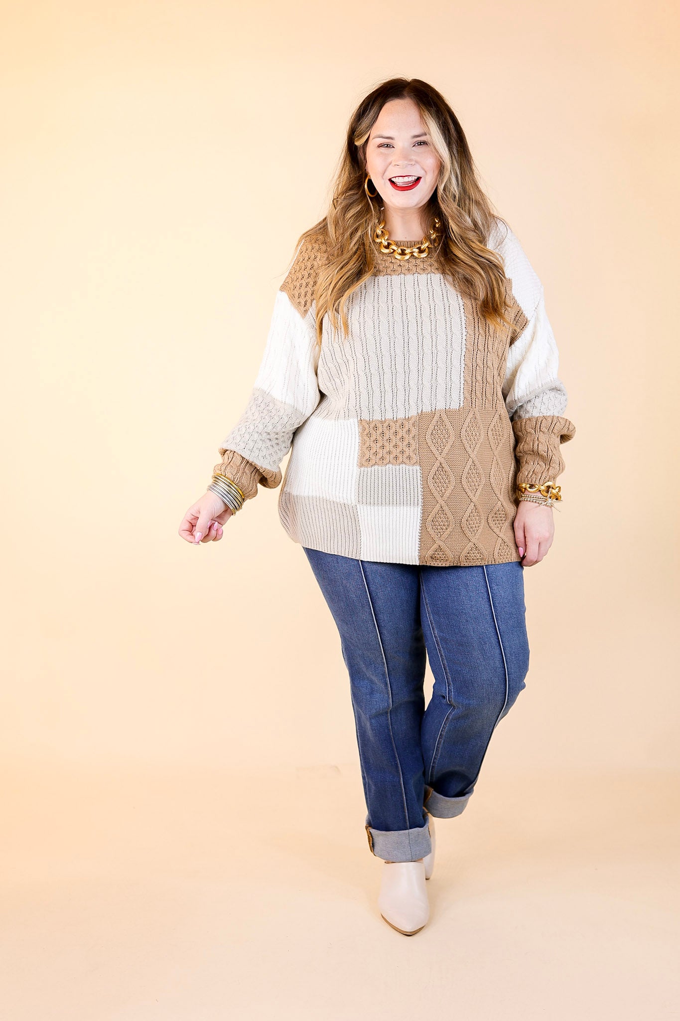 Frozen Lake Mix Knit Color Block Sweater in Ivory, Tan, and Grey