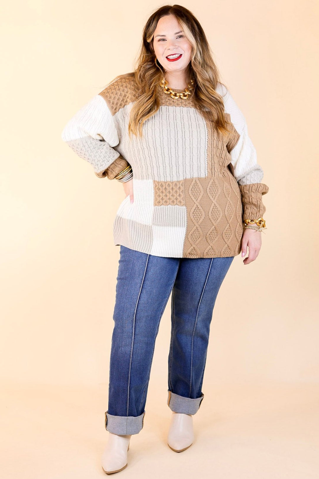 Frozen Lake Mix Knit Color Block Sweater in Ivory, Tan, and Grey