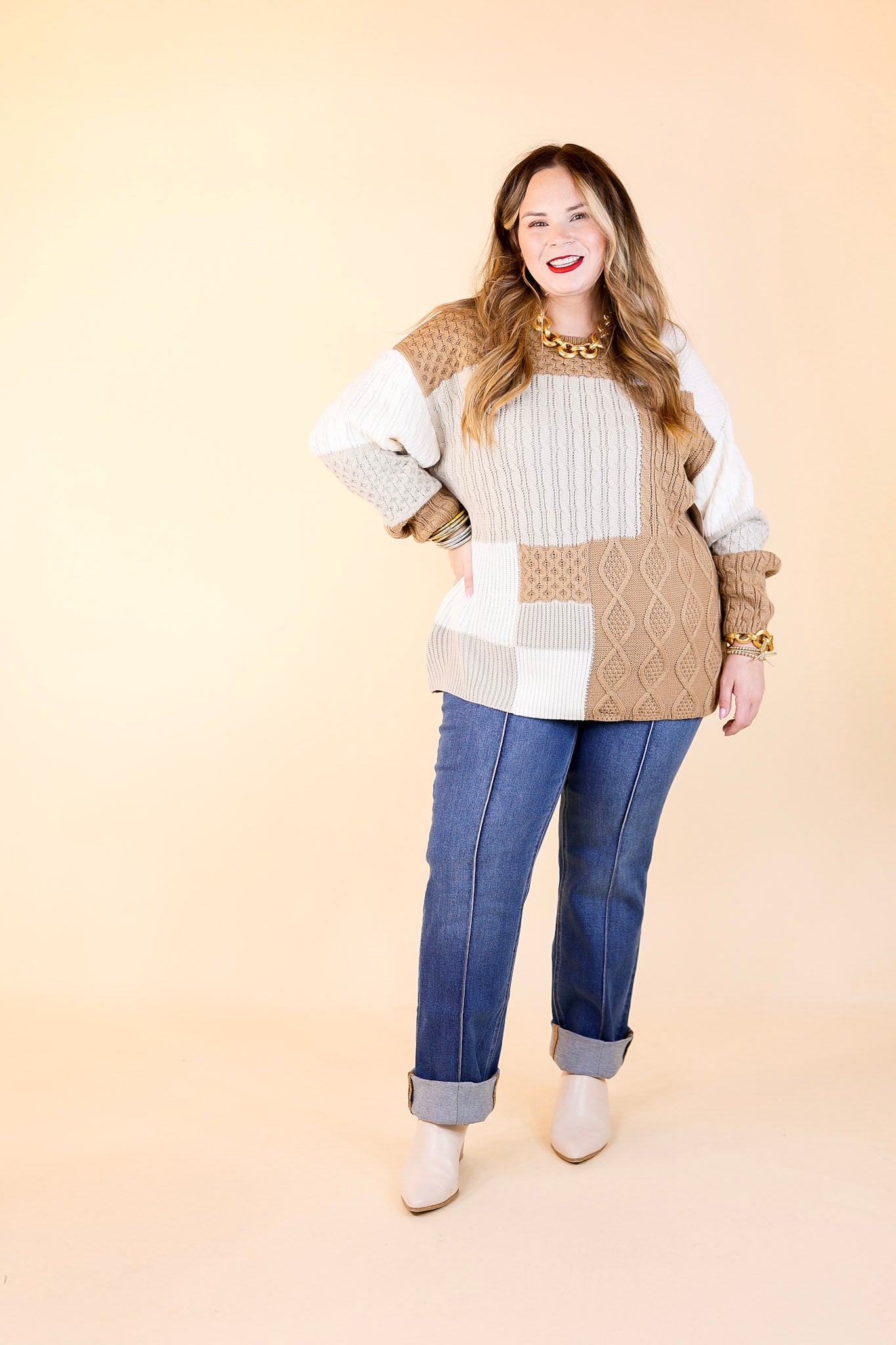 Frozen Lake Mix Knit Color Block Sweater in Ivory, Tan, and Grey