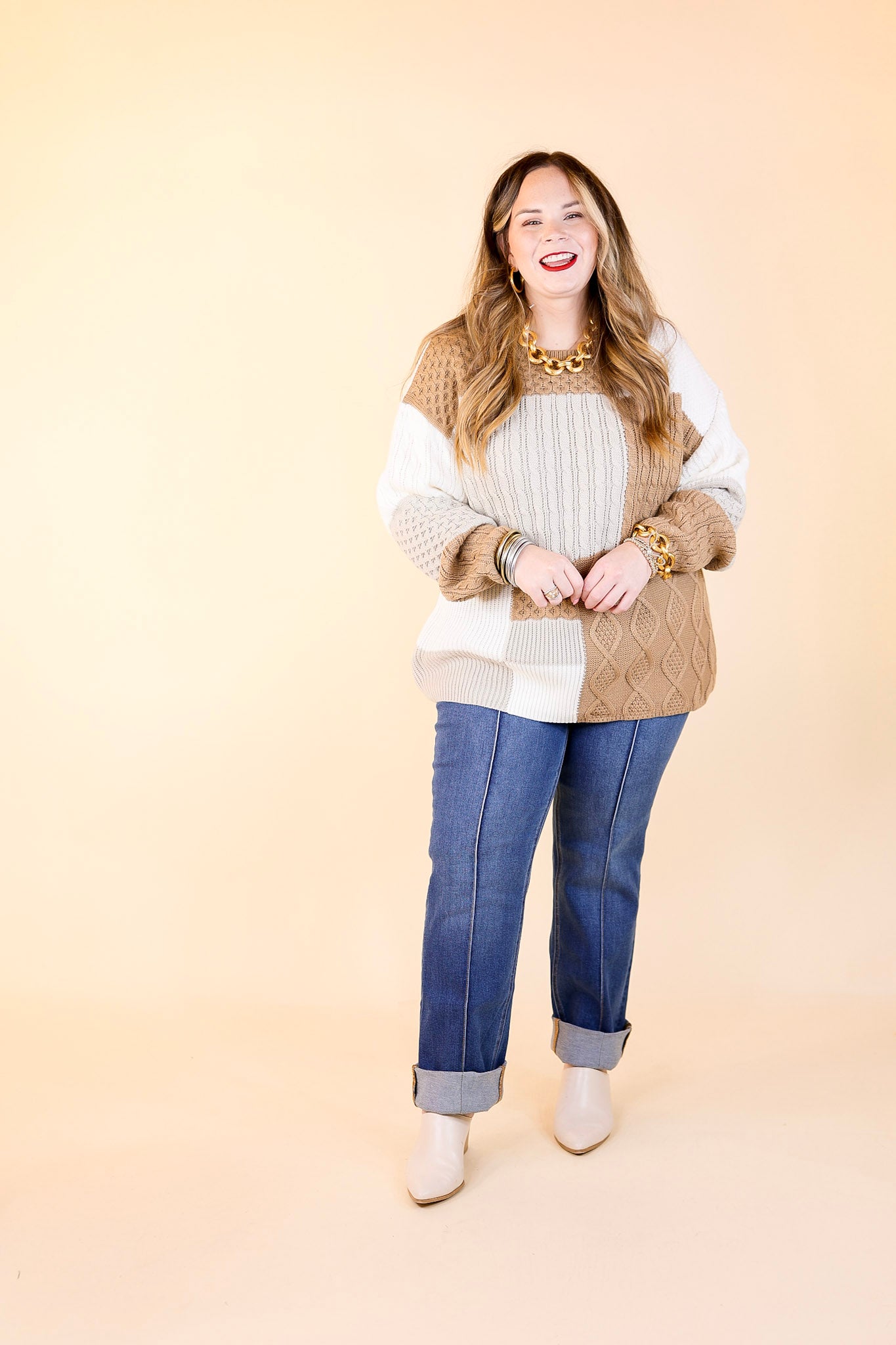 Frozen Lake Mix Knit Color Block Sweater in Ivory, Tan, and Grey