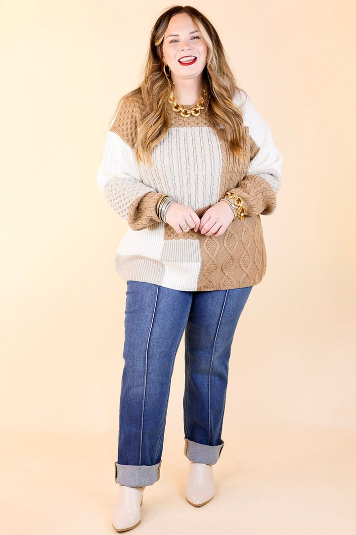 Frozen Lake Mix Knit Color Block Sweater in Ivory, Tan, and Grey