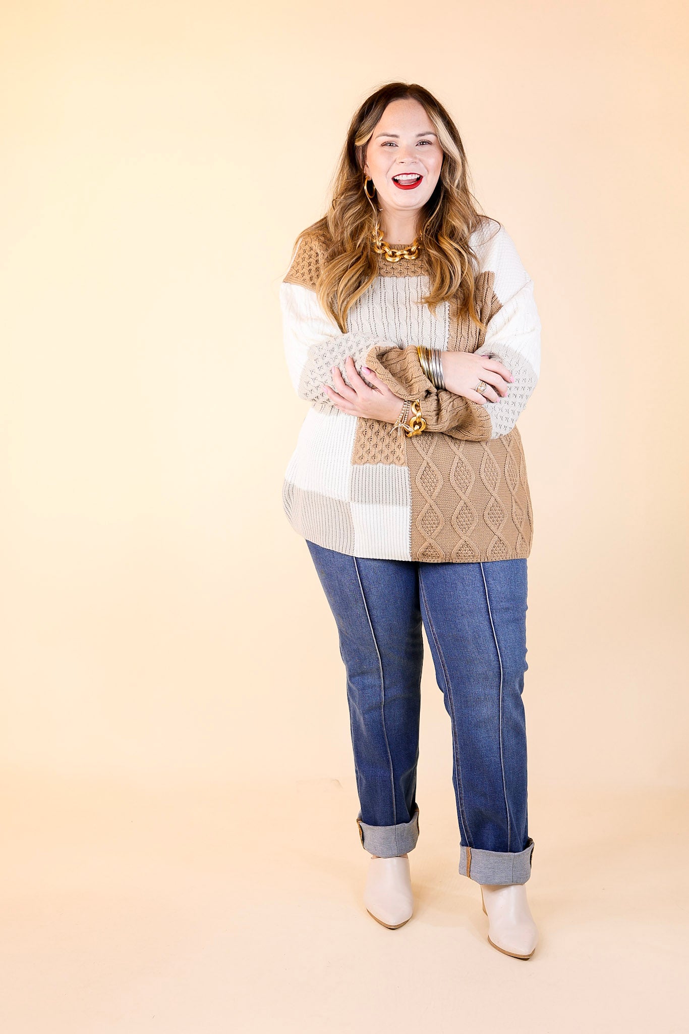 Frozen Lake Mix Knit Color Block Sweater in Ivory, Tan, and Grey