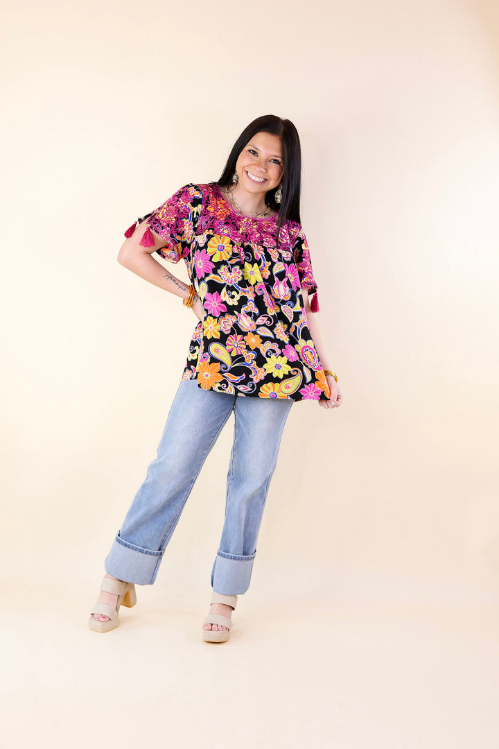 Sweet And Charming Paisley and Floral Print Top with Purple Floral Embroidery in Black - Giddy Up Glamour Boutique