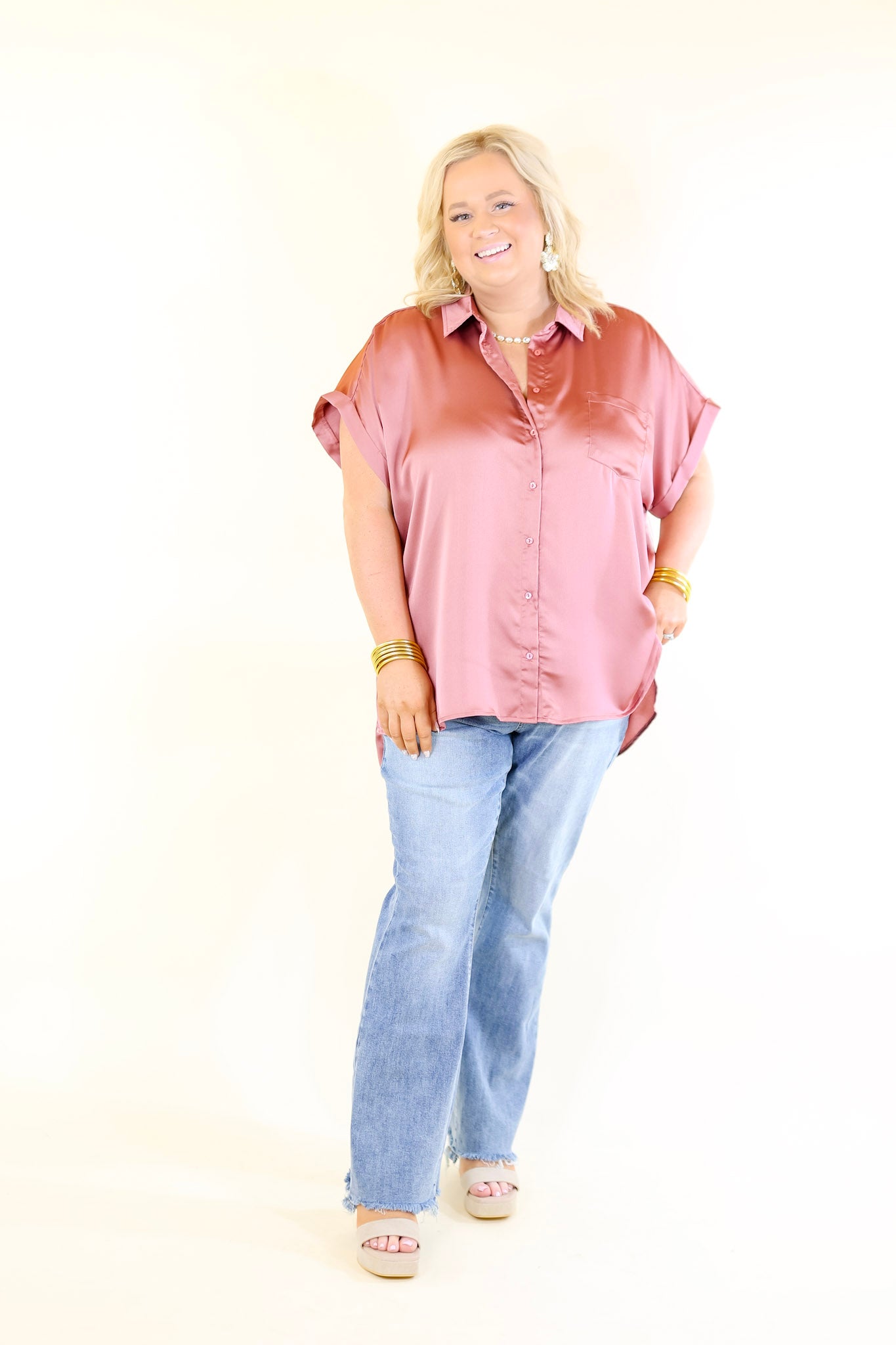 Free To Be Fab Button Up Short Sleeve Top in Mauve Pink