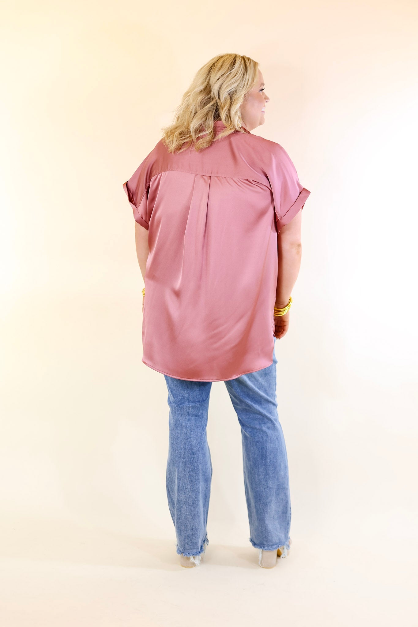 Free To Be Fab Button Up Short Sleeve Top in Mauve Pink