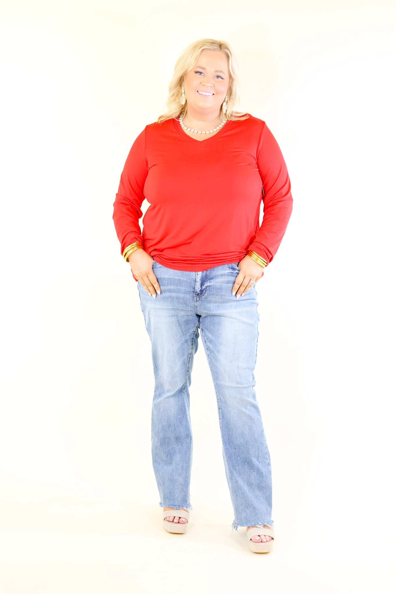 Plus Size | It's That Simple Solid V Neck Long Sleeve Tee in Red