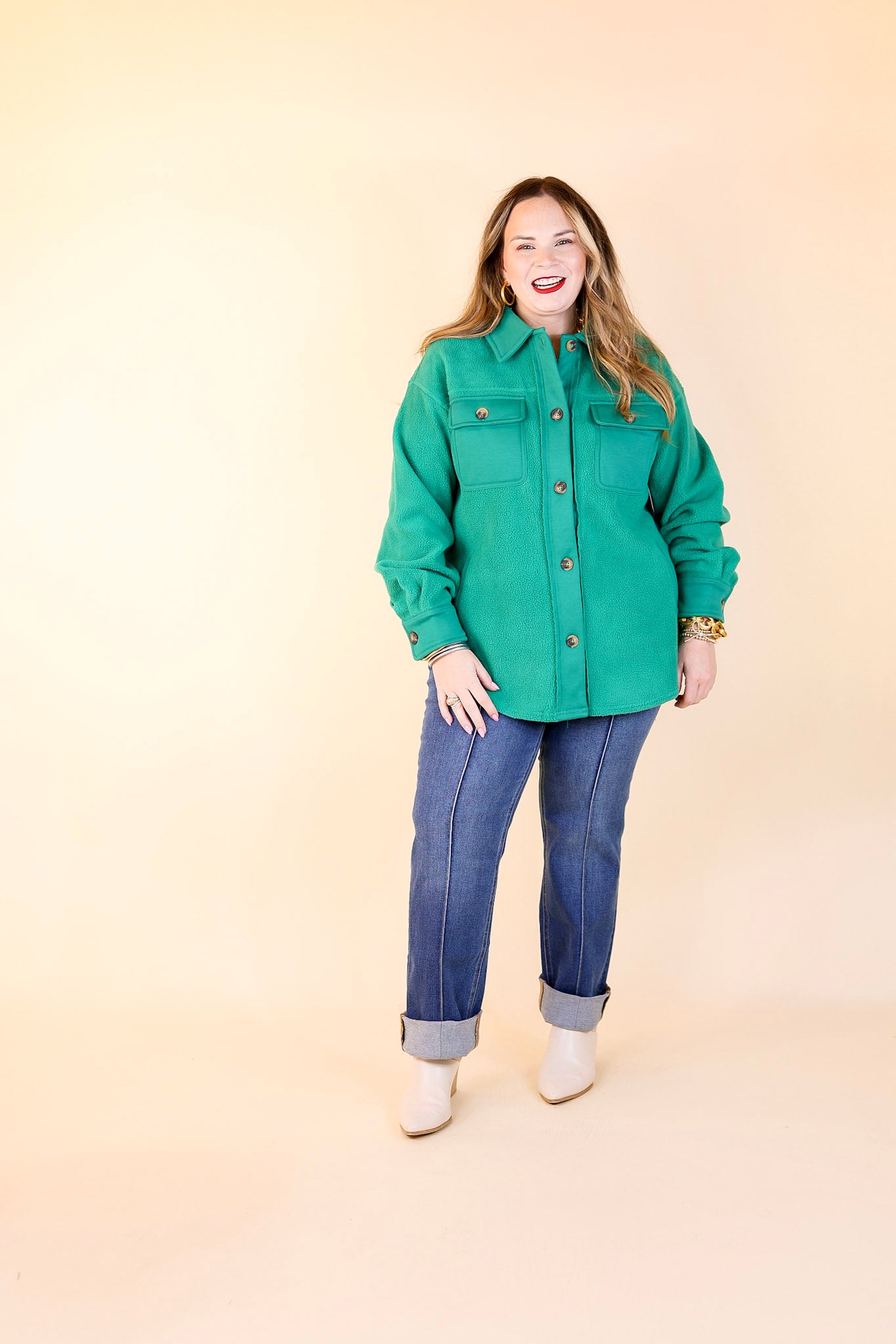 Hollywood Hike Button Up Fleece Jacket with Pockets in Green