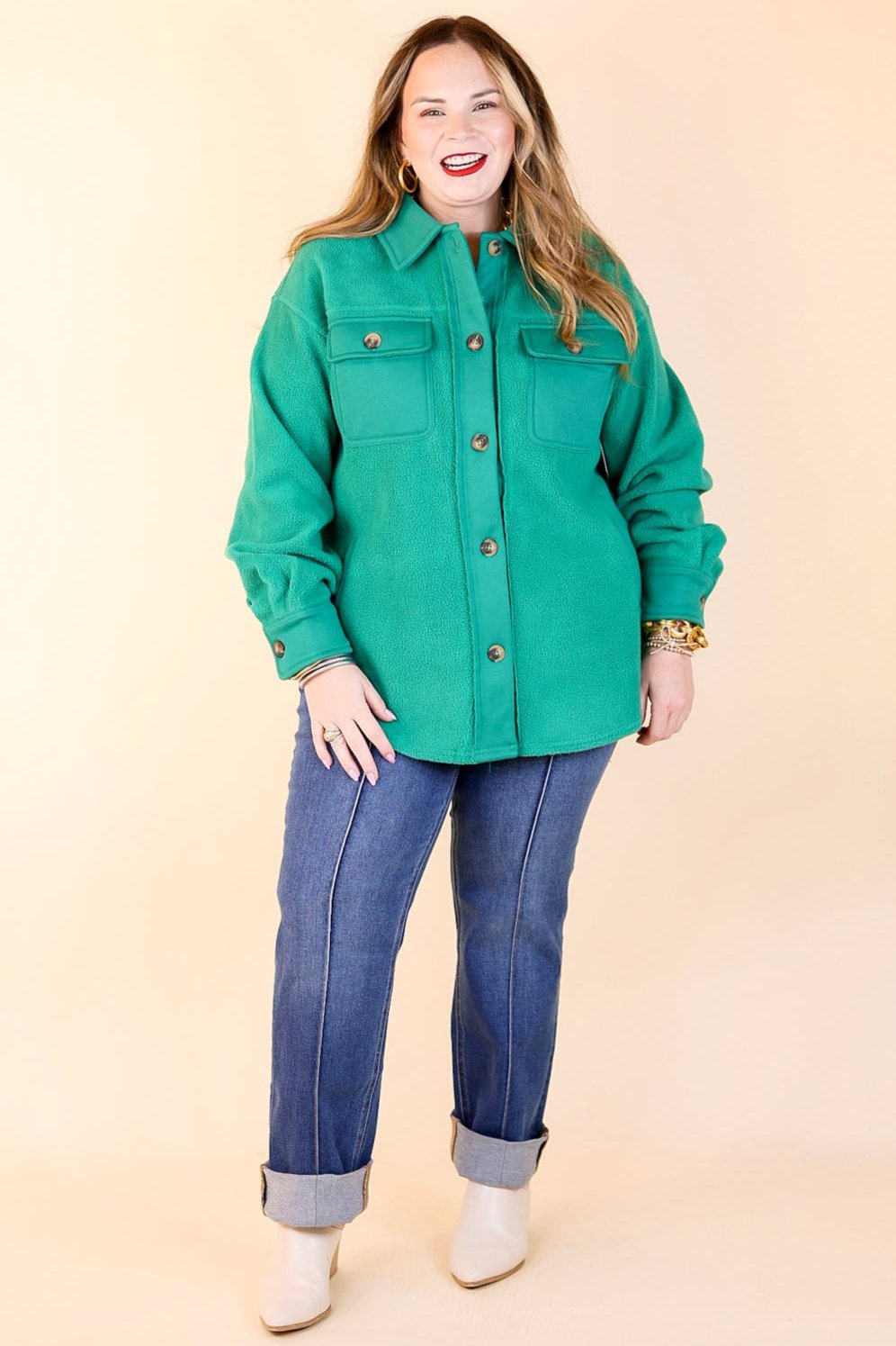 Hollywood Hike Button Up Fleece Jacket with Pockets in Green