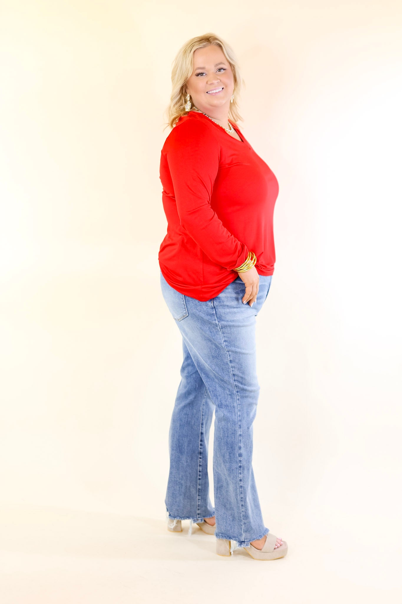 Plus Size | It's That Simple Solid V Neck Long Sleeve Tee in Red