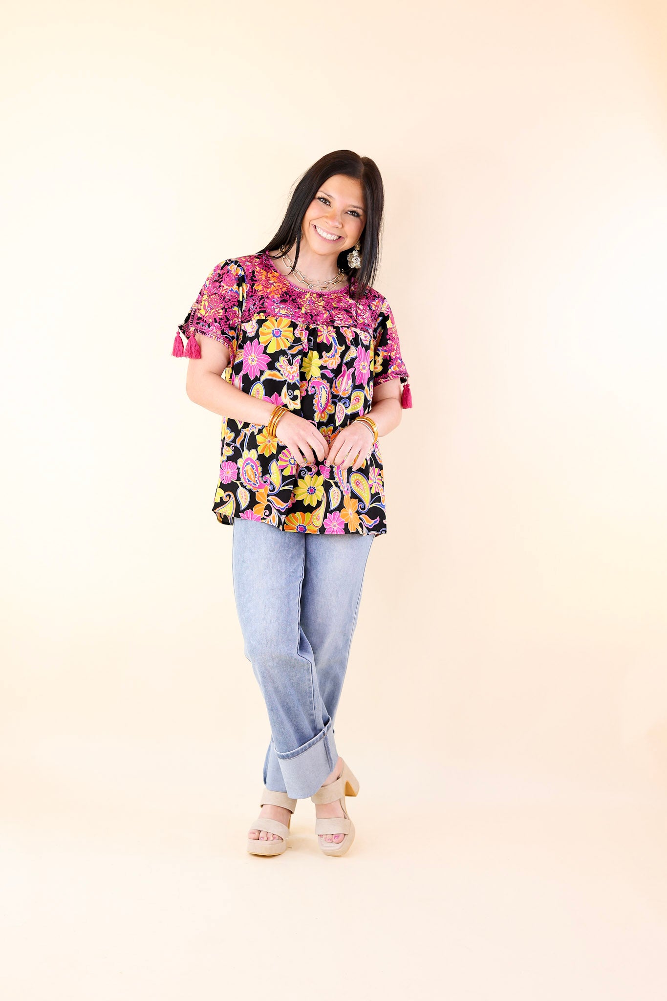 Sweet And Charming Paisley and Floral Print Top with Purple Floral Embroidery in Black - Giddy Up Glamour Boutique