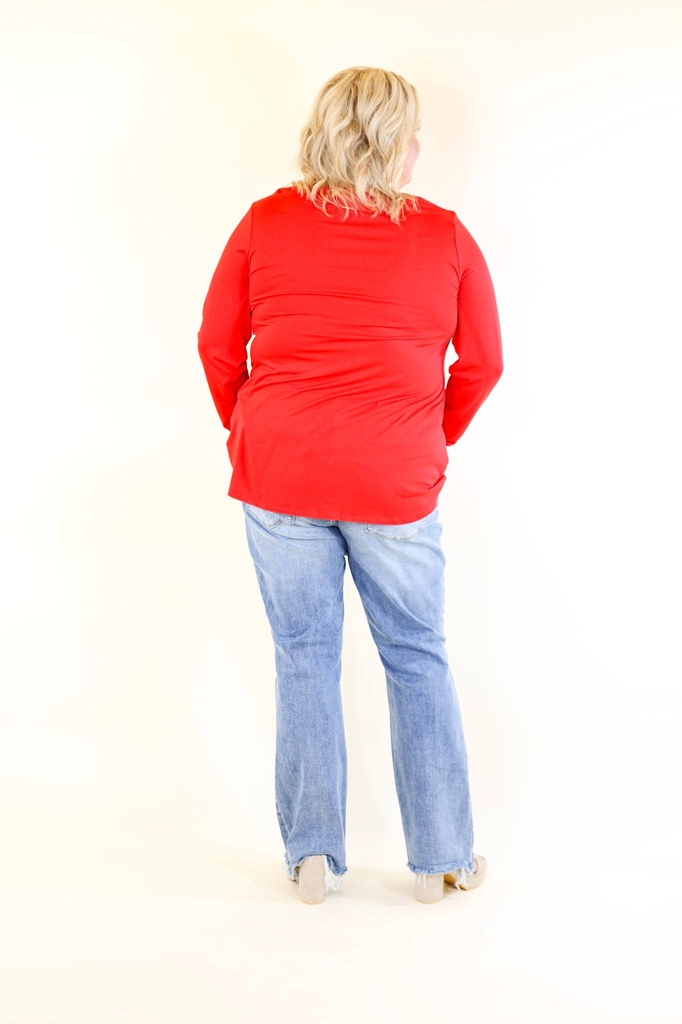 Plus Size | It's That Simple Solid V Neck Long Sleeve Tee in Red