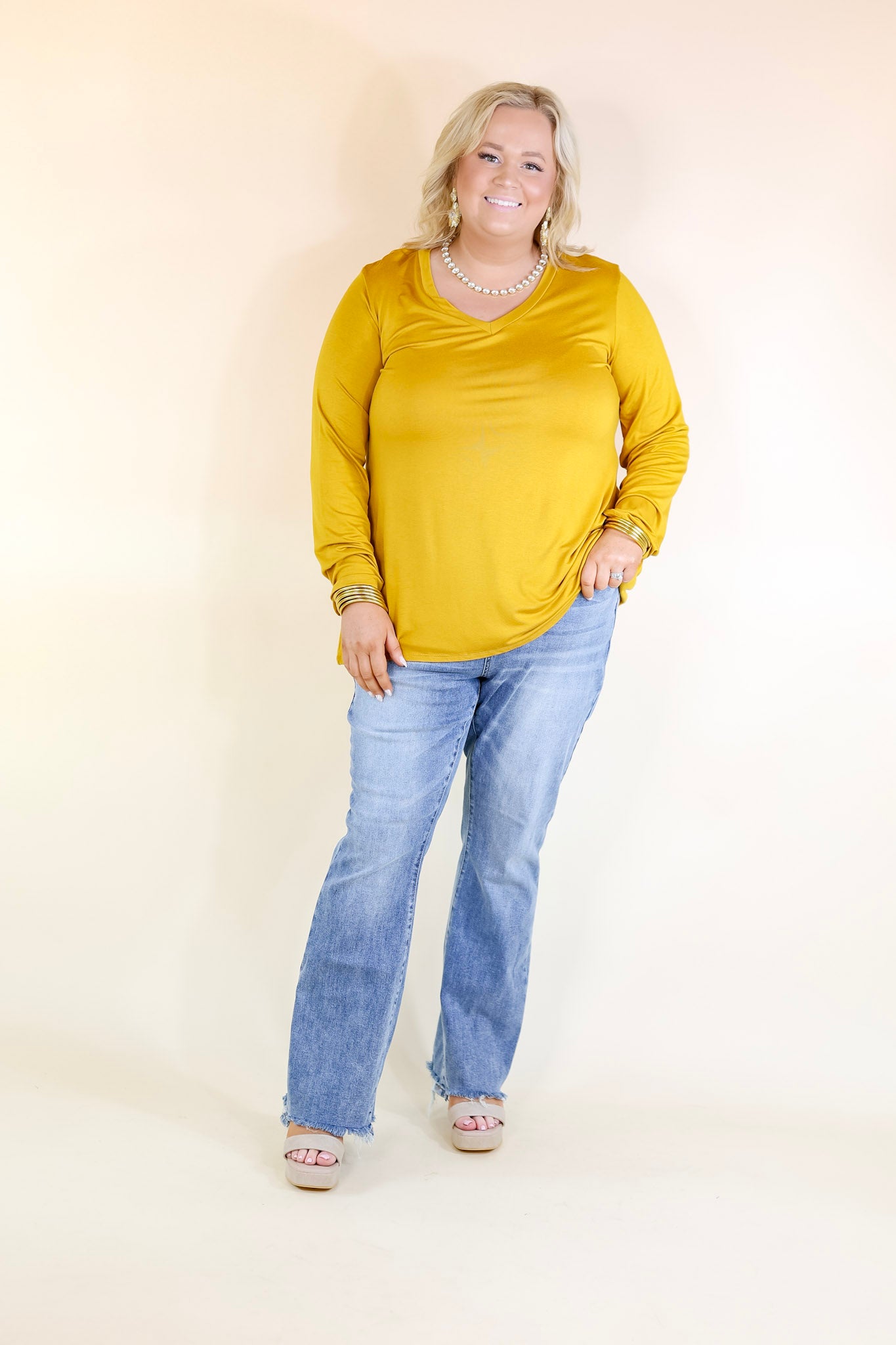 It's That Simple Solid V Neck Long Sleeve Tee in Mustard Yellow