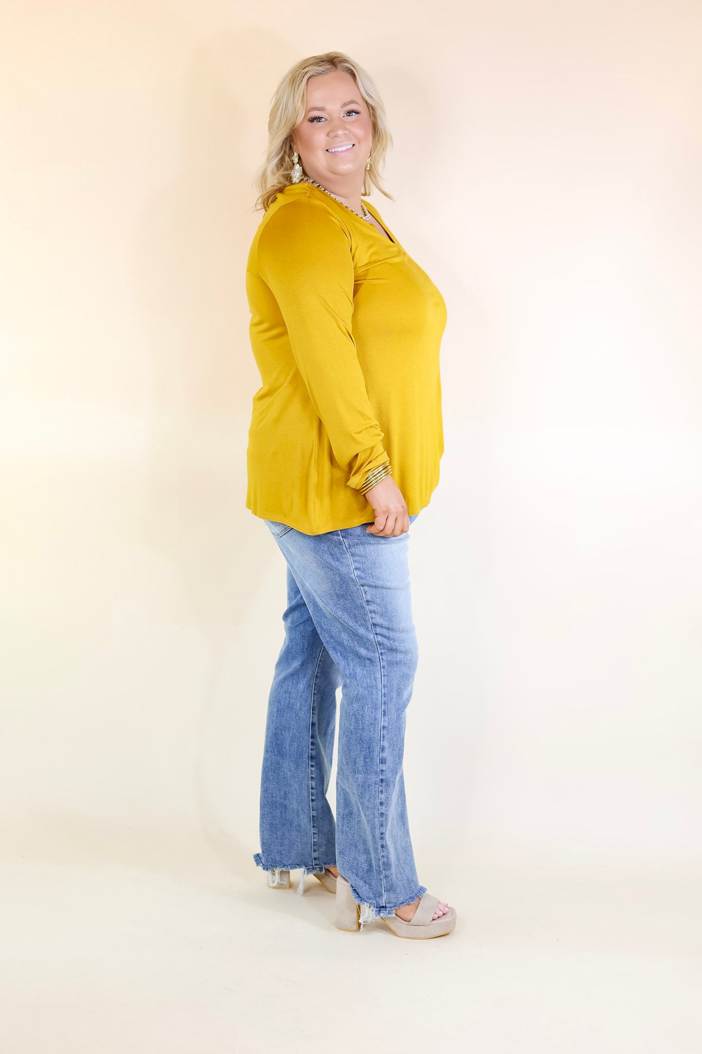 It's That Simple Solid V Neck Long Sleeve Tee in Mustard Yellow