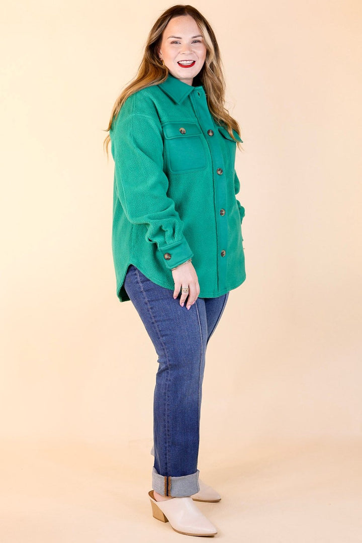 Hollywood Hike Button Up Fleece Jacket with Pockets in Green