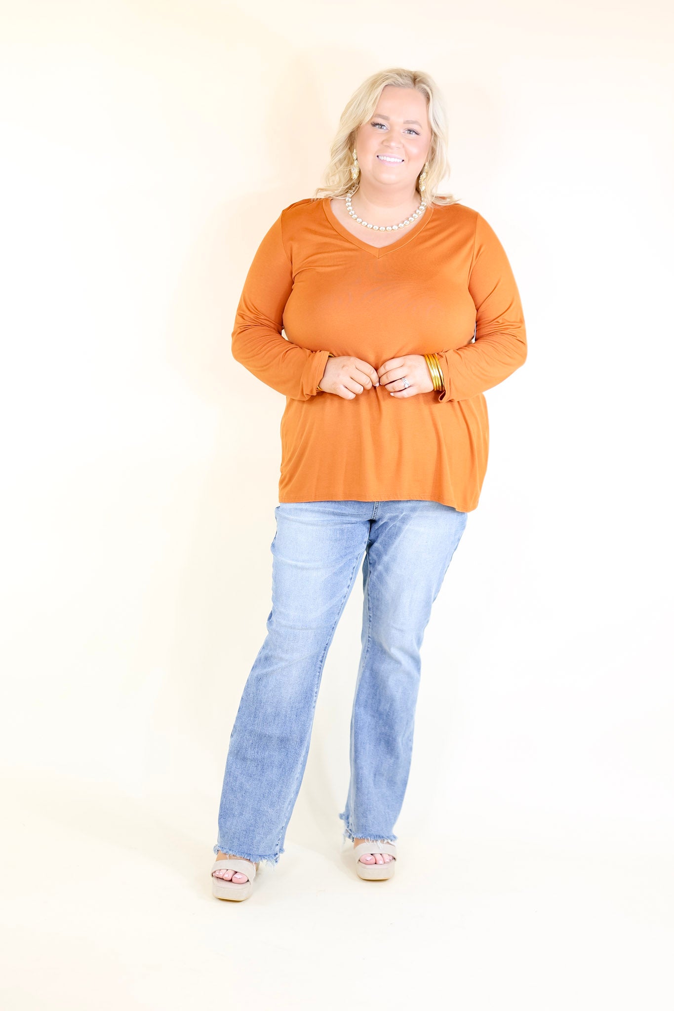 It's That Simple Solid V Neck Long Sleeve Tee in Rust