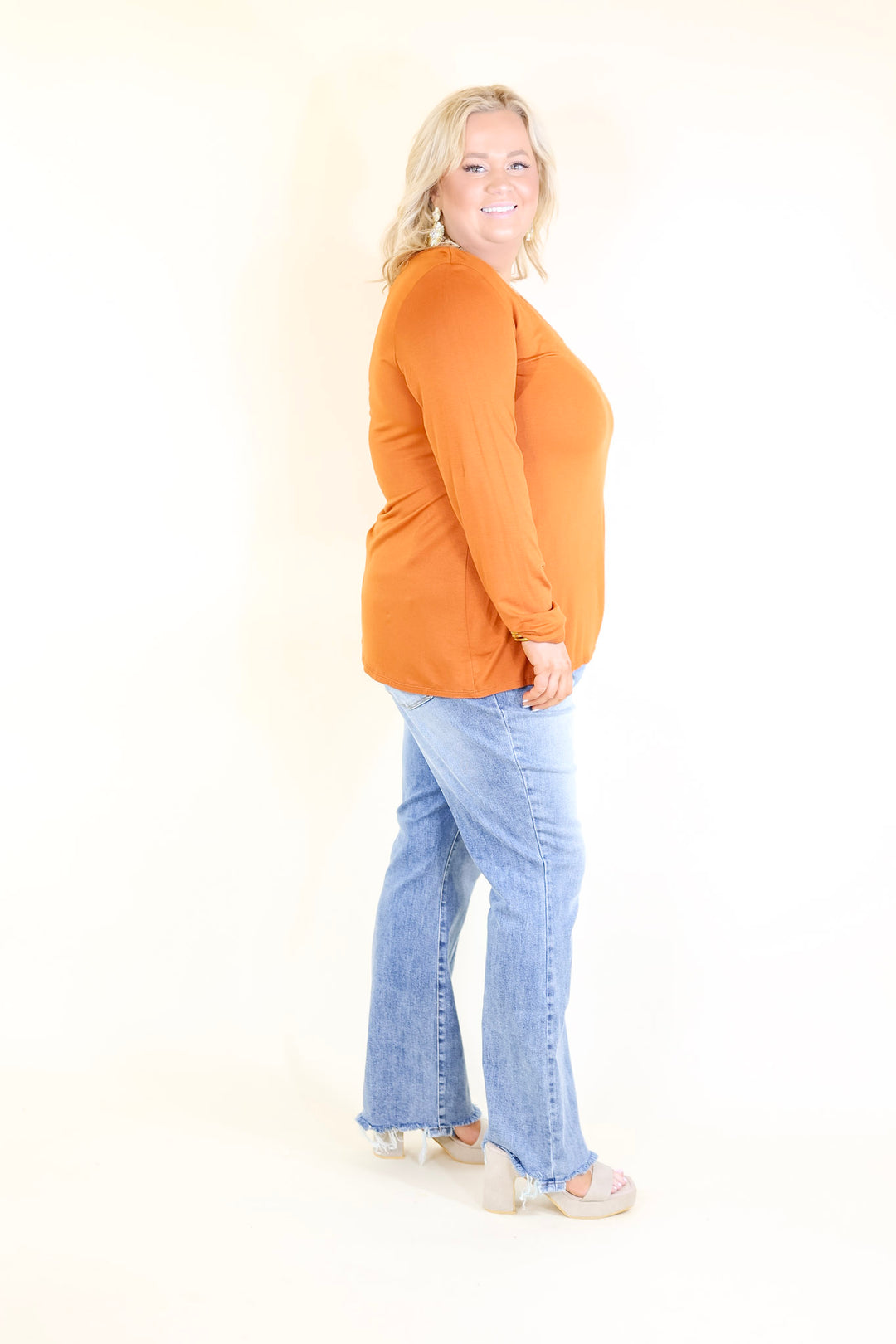 It's That Simple Solid V Neck Long Sleeve Tee in Rust