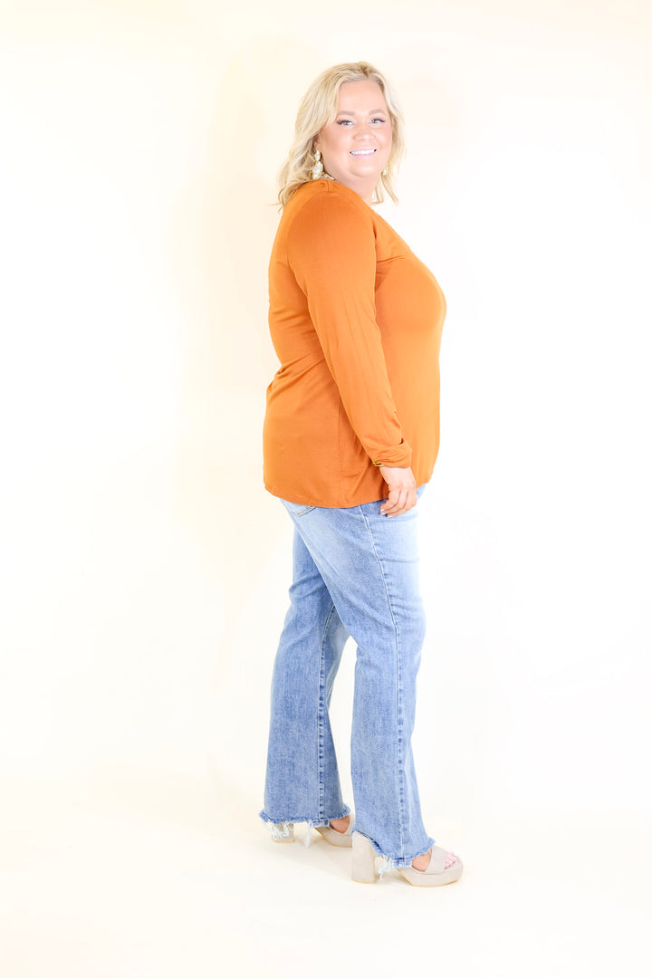It's That Simple Solid V Neck Long Sleeve Tee in Rust
