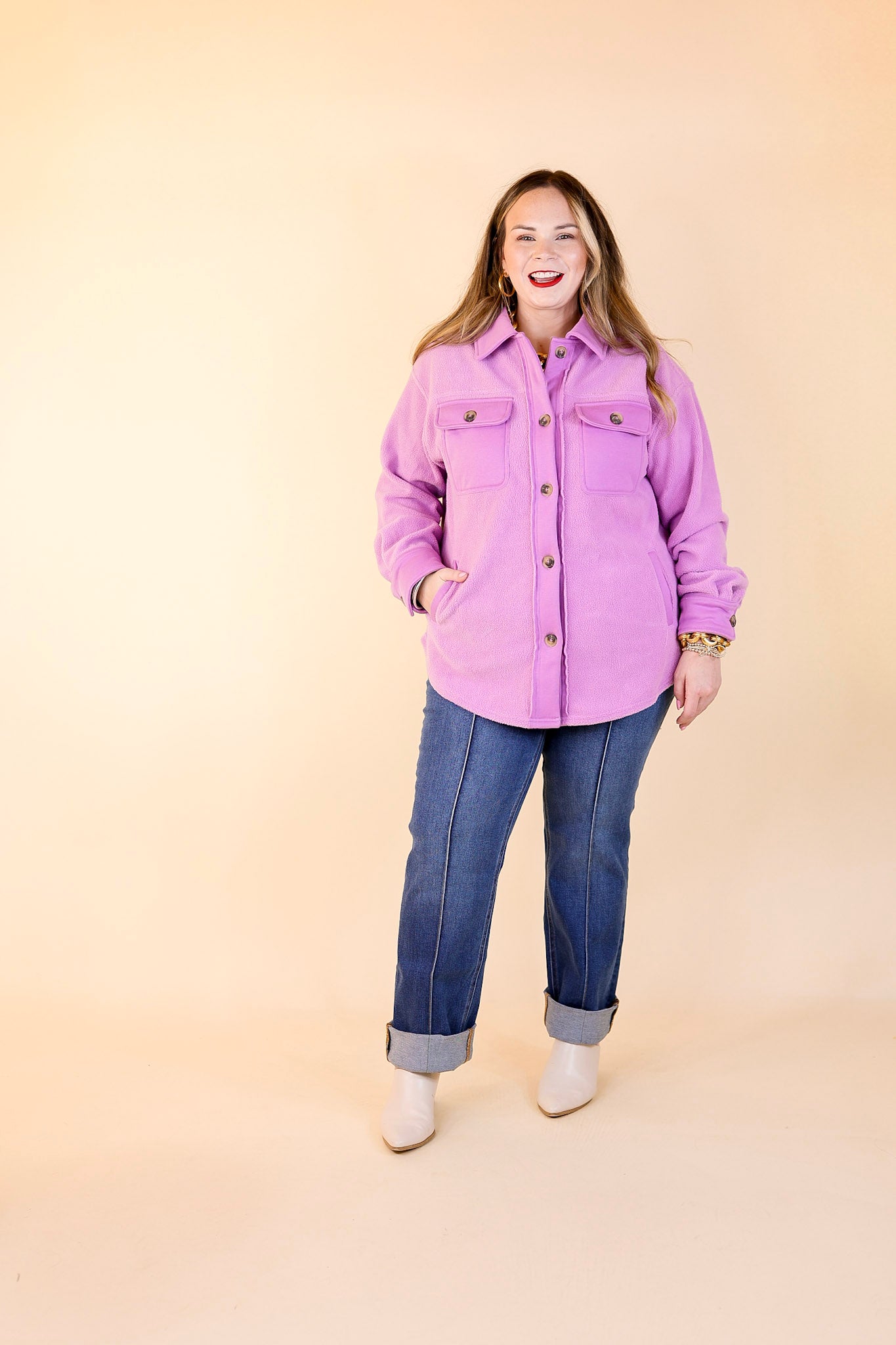 Hollywood Hike Button Up Fleece Jacket with Pockets in Lilac Purple