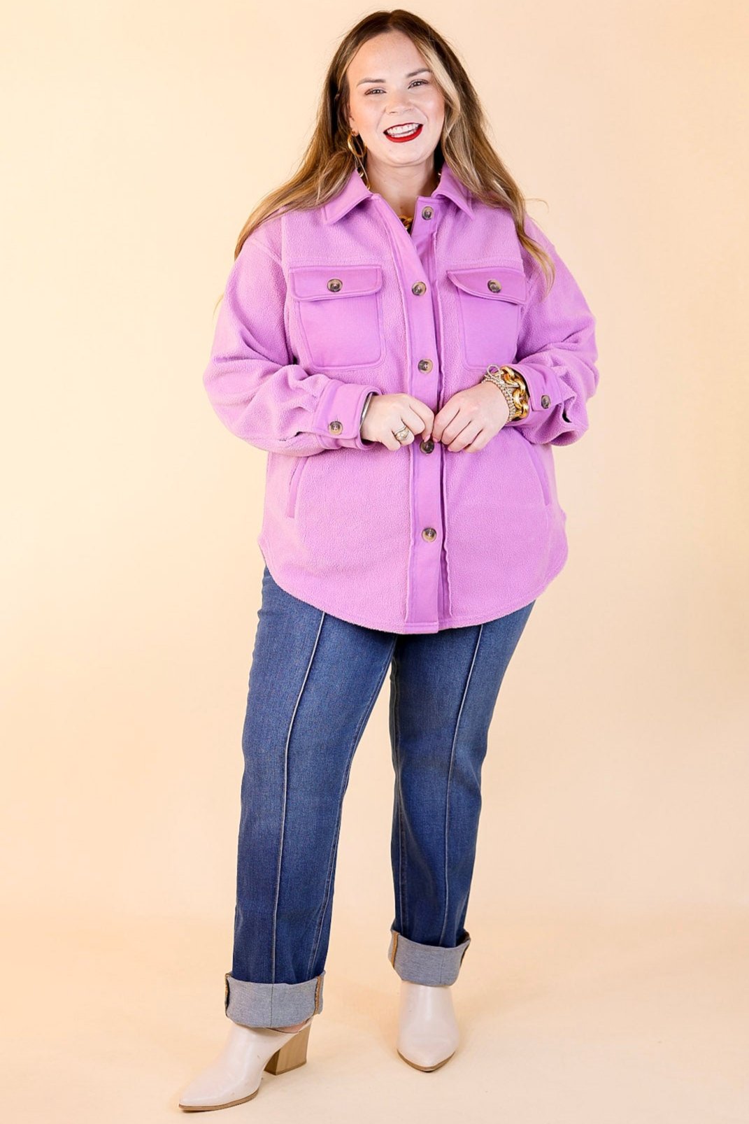 Hollywood Hike Button Up Fleece Jacket with Pockets in Lilac Purple