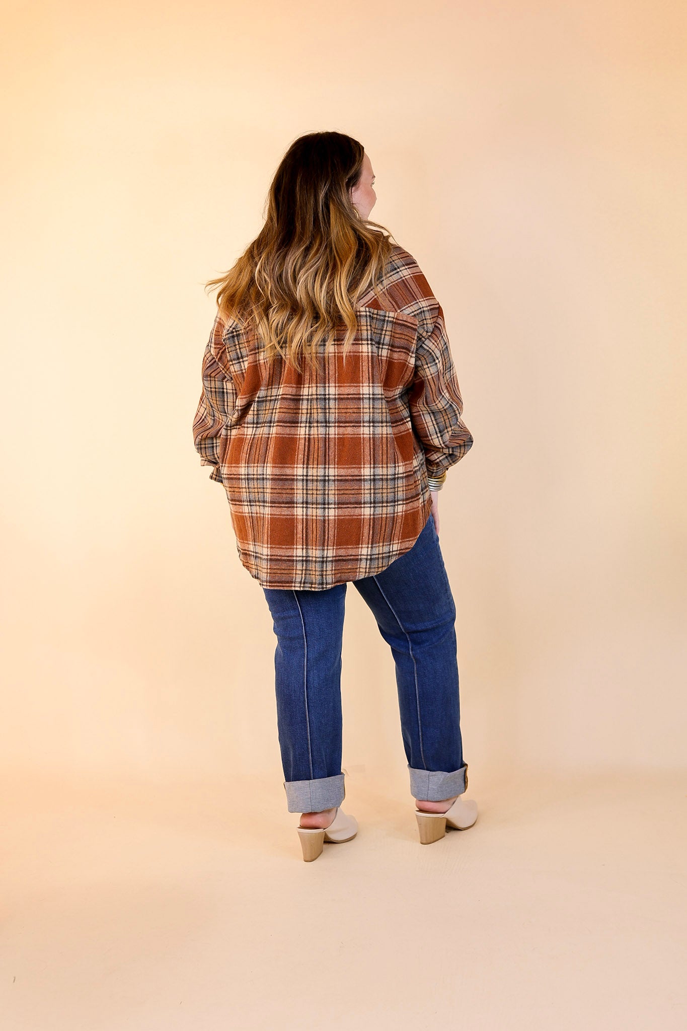 Coffee At Sunrise Button Up Plaid Shacket with Long Sleeves in Rust Brown