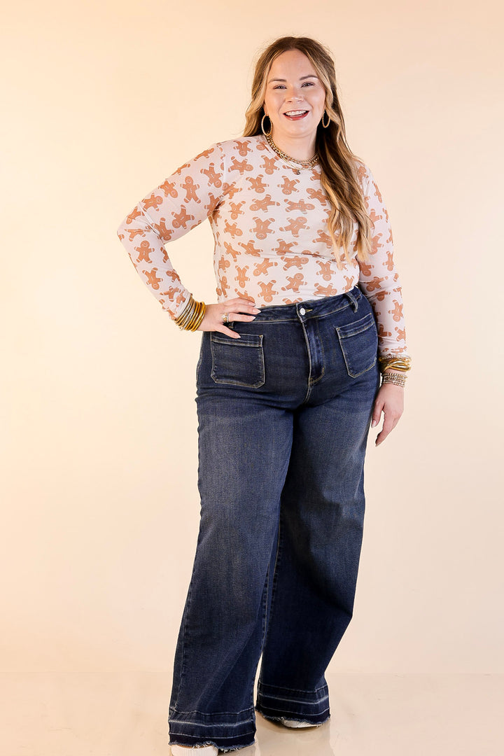 The Perfect Layer Gingerbread Print Mesh Long Sleeve Top in Ivory and Brown