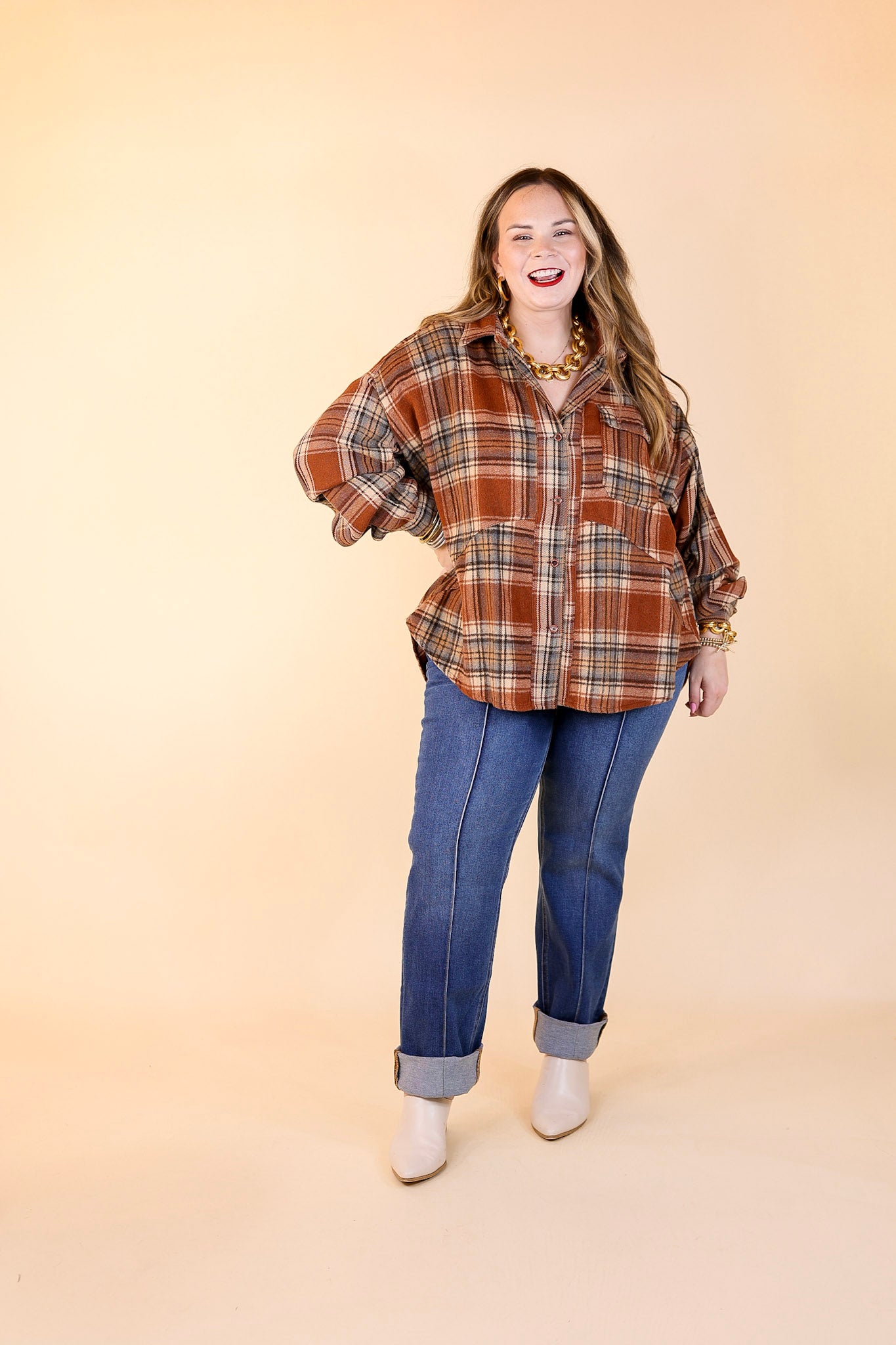 Coffee At Sunrise Button Up Plaid Shacket with Long Sleeves in Rust Brown