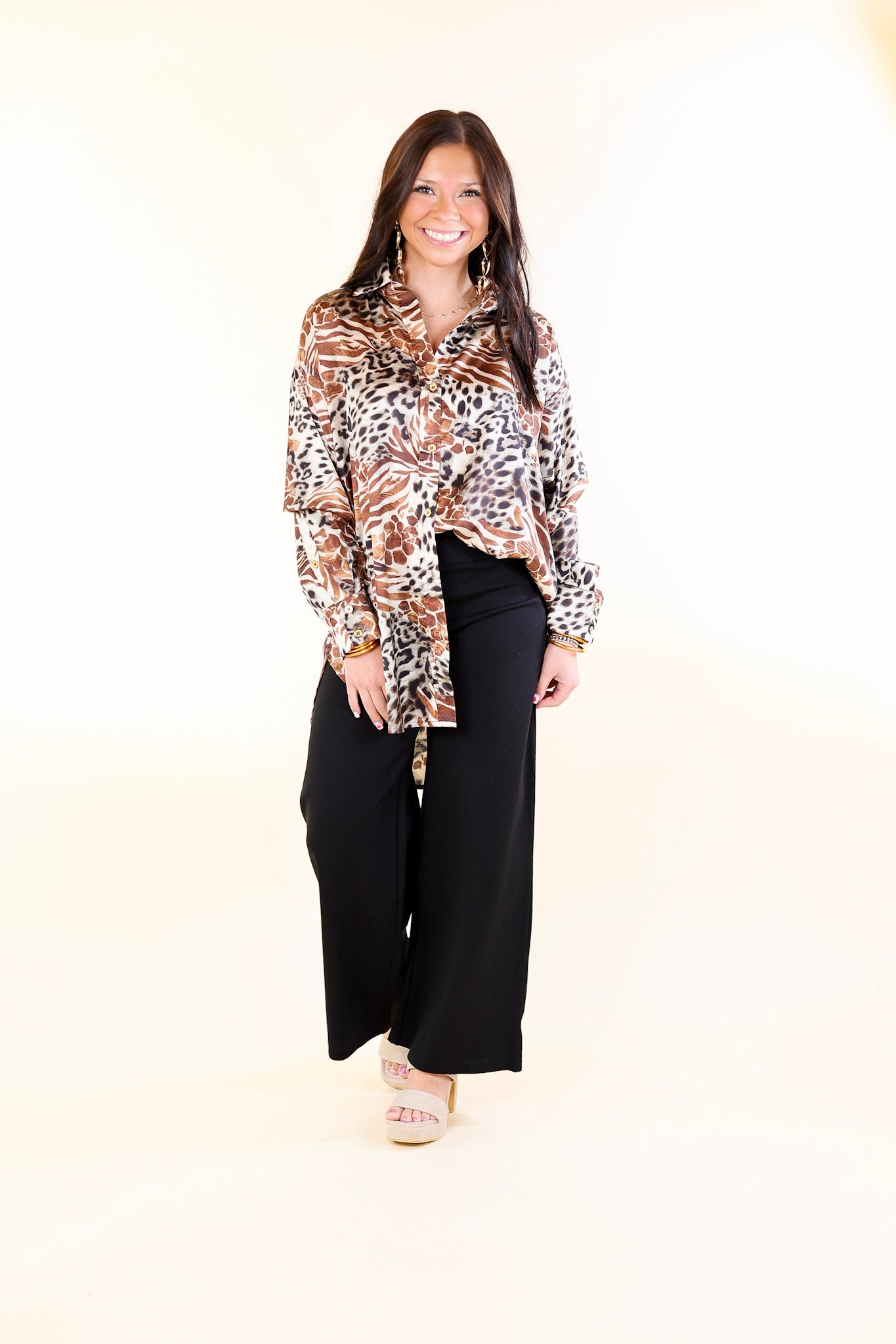 Tell Me Something Good Mixed Animal Print Long Sleeve Button Up Top in Brown