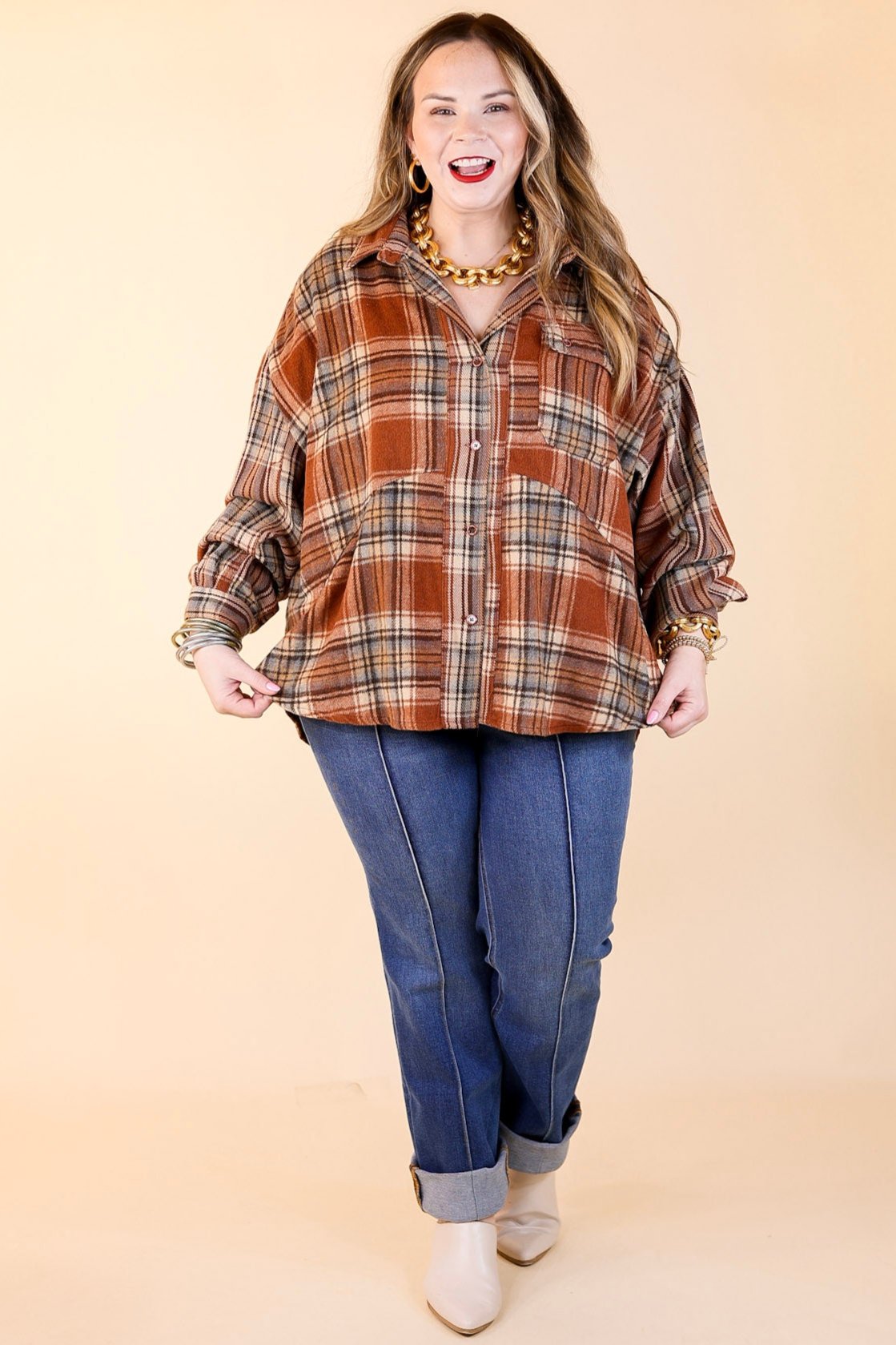 Coffee At Sunrise Button Up Plaid Shacket with Long Sleeves in Rust Brown