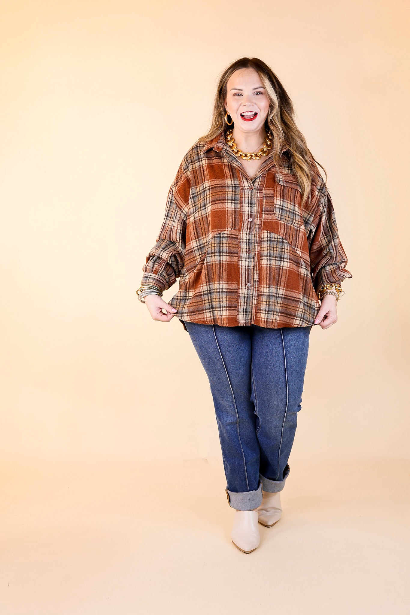 Coffee At Sunrise Button Up Plaid Shacket with Long Sleeves in Rust Brown