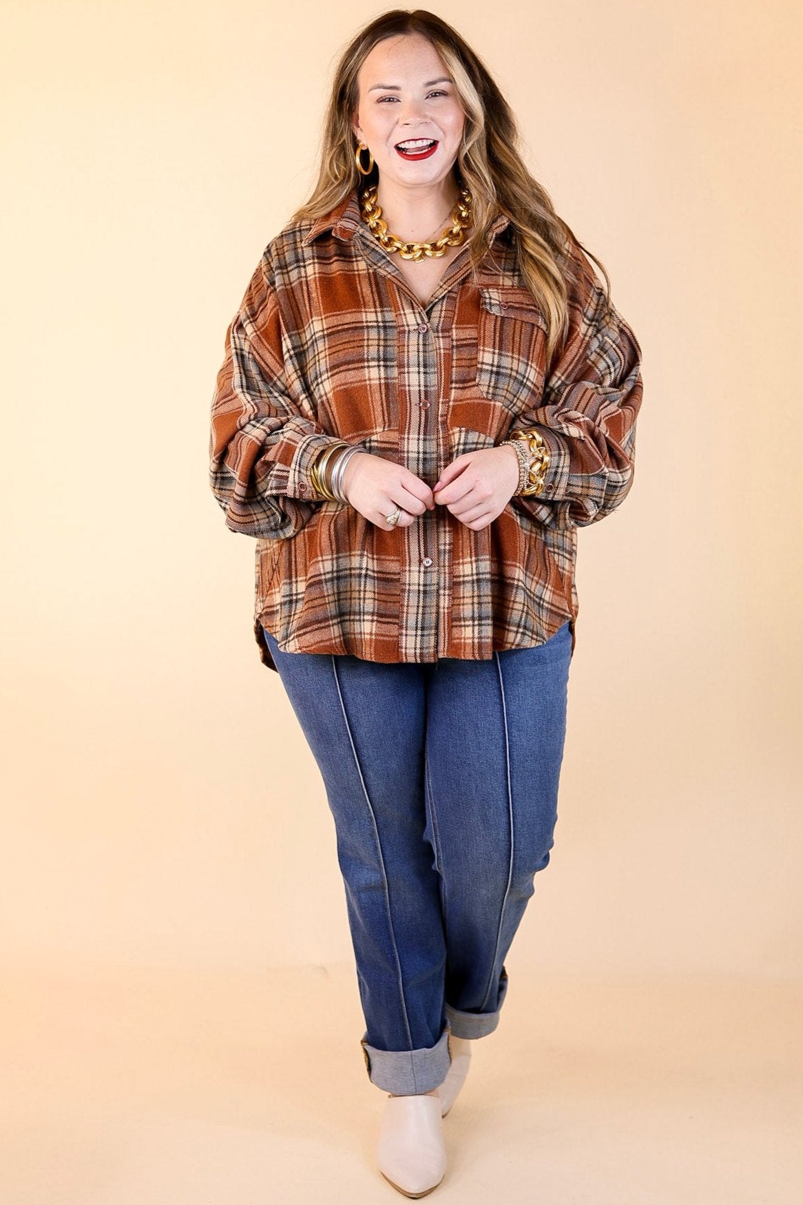 Coffee At Sunrise Button Up Plaid Shacket with Long Sleeves in Rust Brown