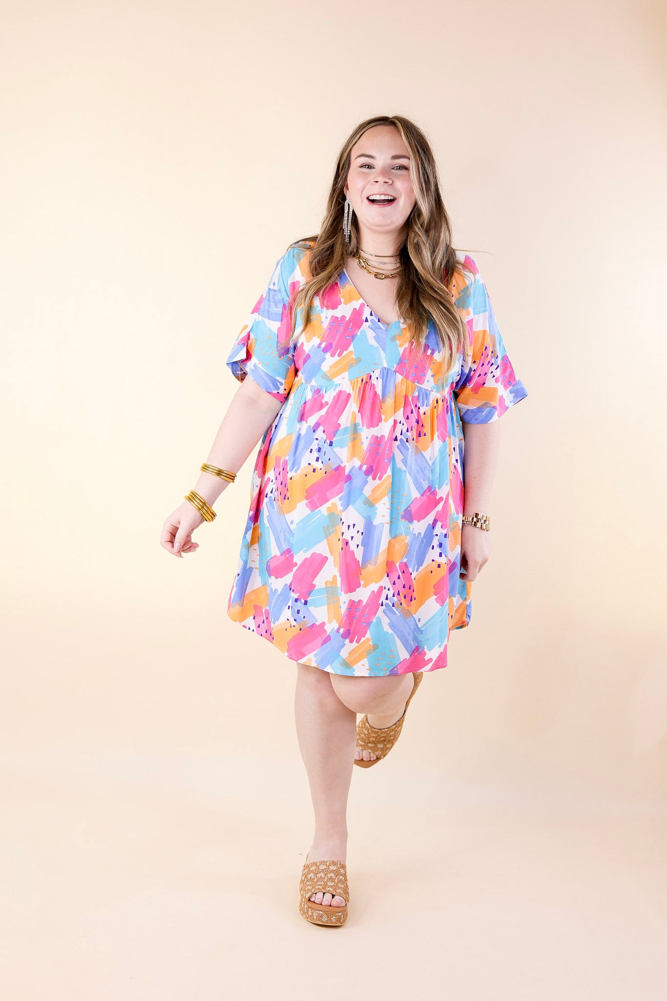 Fresh Blossoms Doodle Print Babydoll Dress with V Neck in Blue Mix - Giddy Up Glamour Boutique