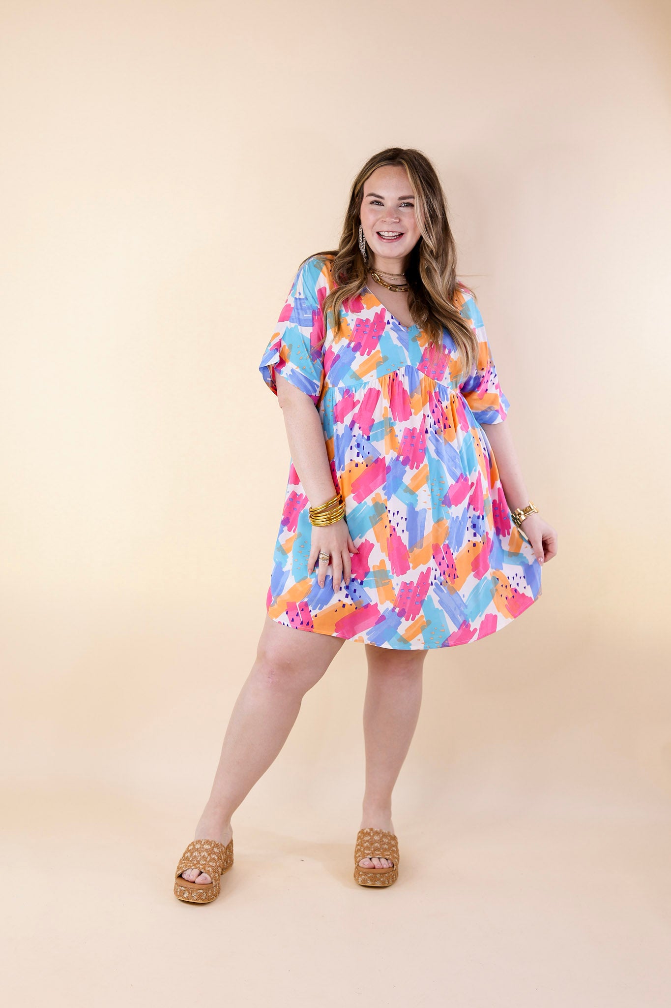 Fresh Blossoms Doodle Print Babydoll Dress with V Neck in Blue Mix - Giddy Up Glamour Boutique