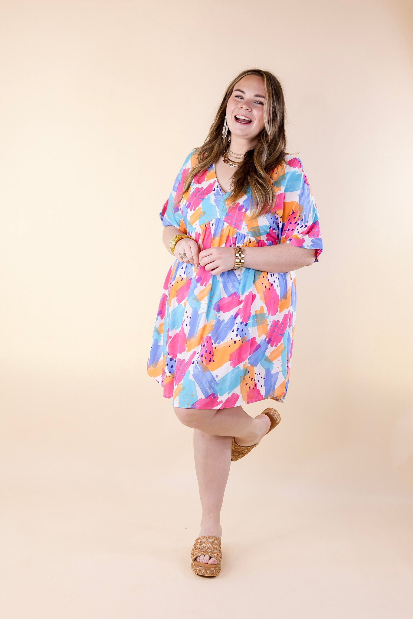 Fresh Blossoms Doodle Print Babydoll Dress with V Neck in Blue Mix - Giddy Up Glamour Boutique