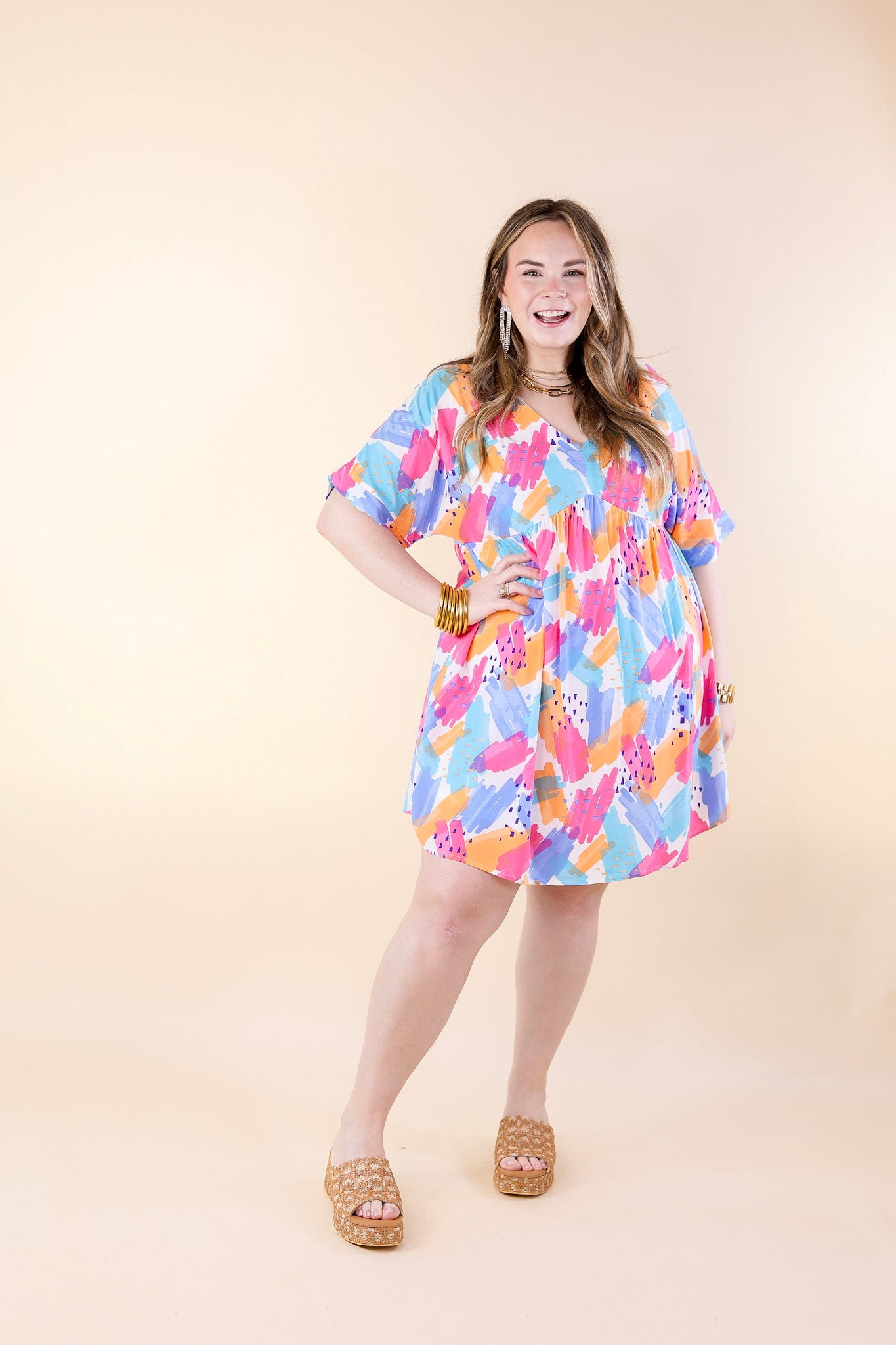 Fresh Blossoms Doodle Print Babydoll Dress with V Neck in Blue Mix - Giddy Up Glamour Boutique